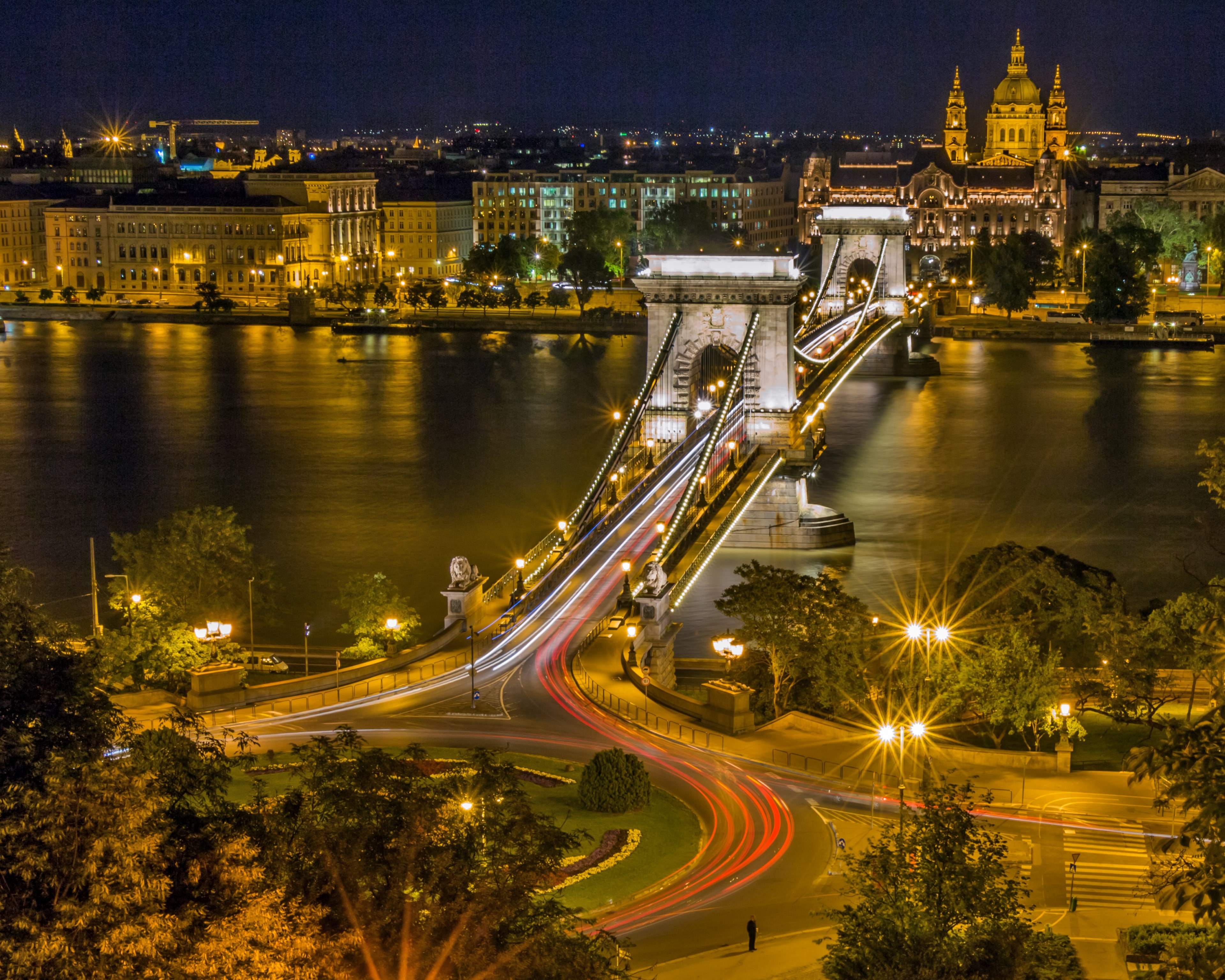 chain bridge budapest hungary bridge danube lights 4k, HD Wallpaper