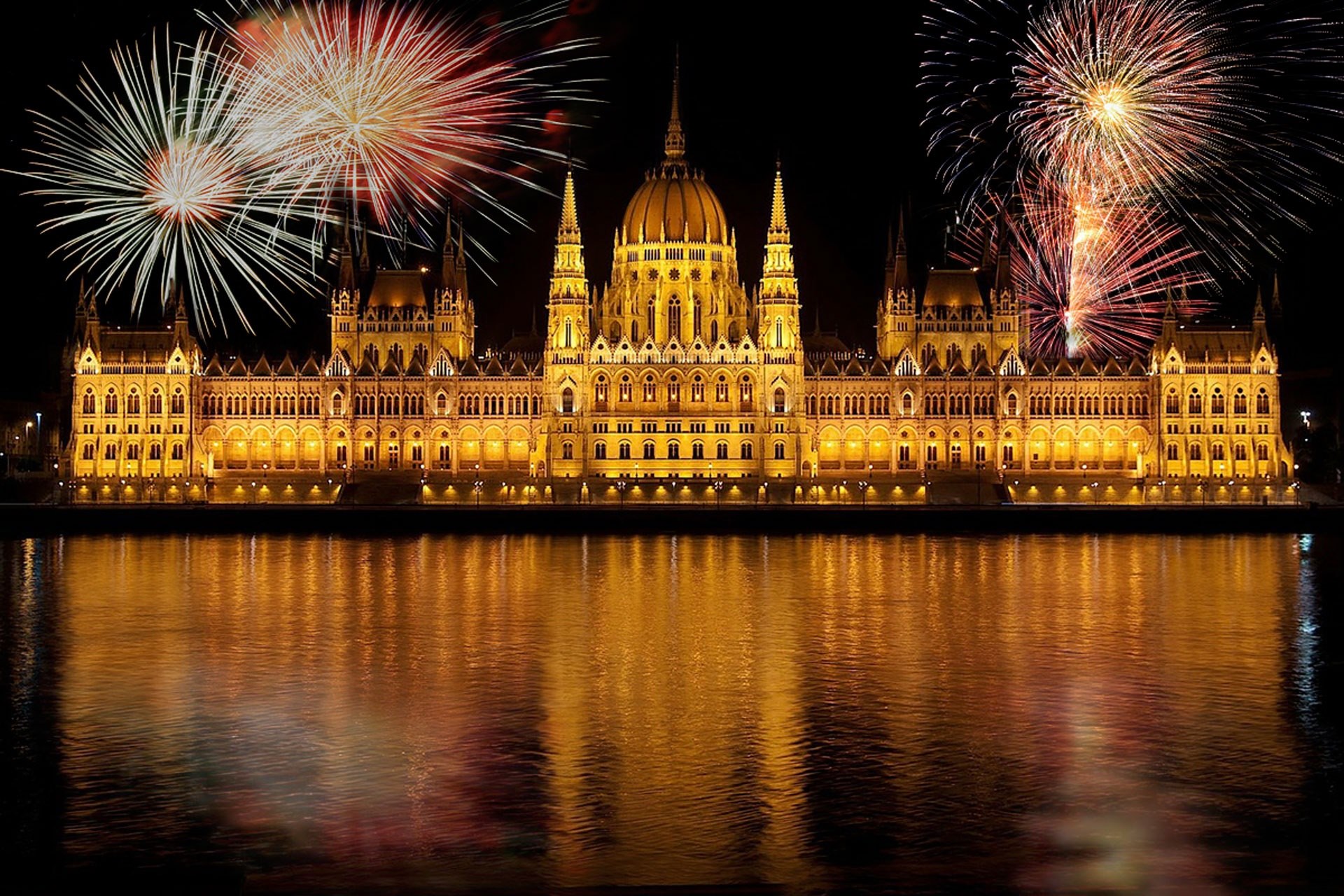 budapest parliament according to hungary fireworks 4k, HD Wallpaper