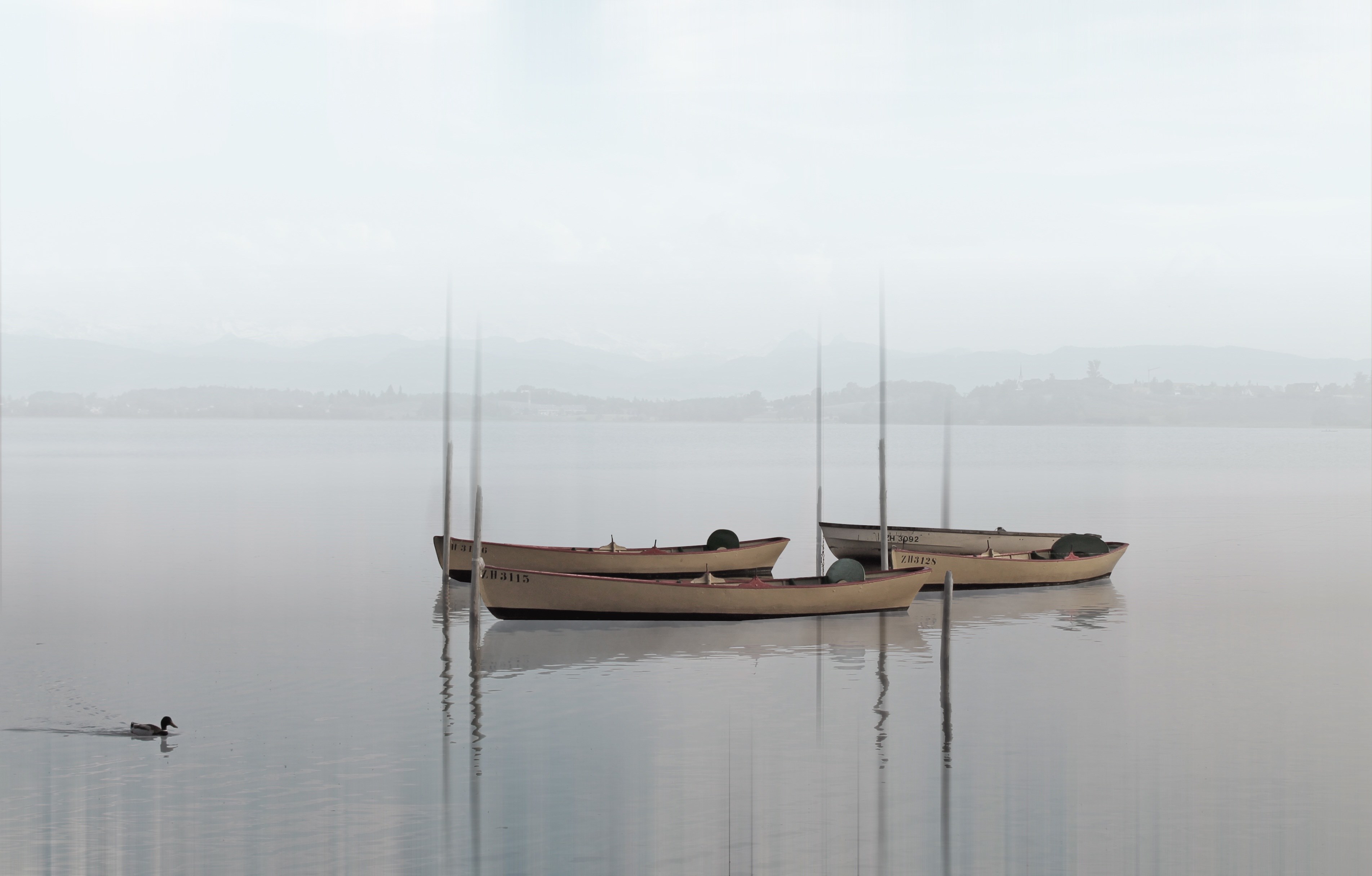 boats lake haze fog water nature silent 4k, HD Wallpaper