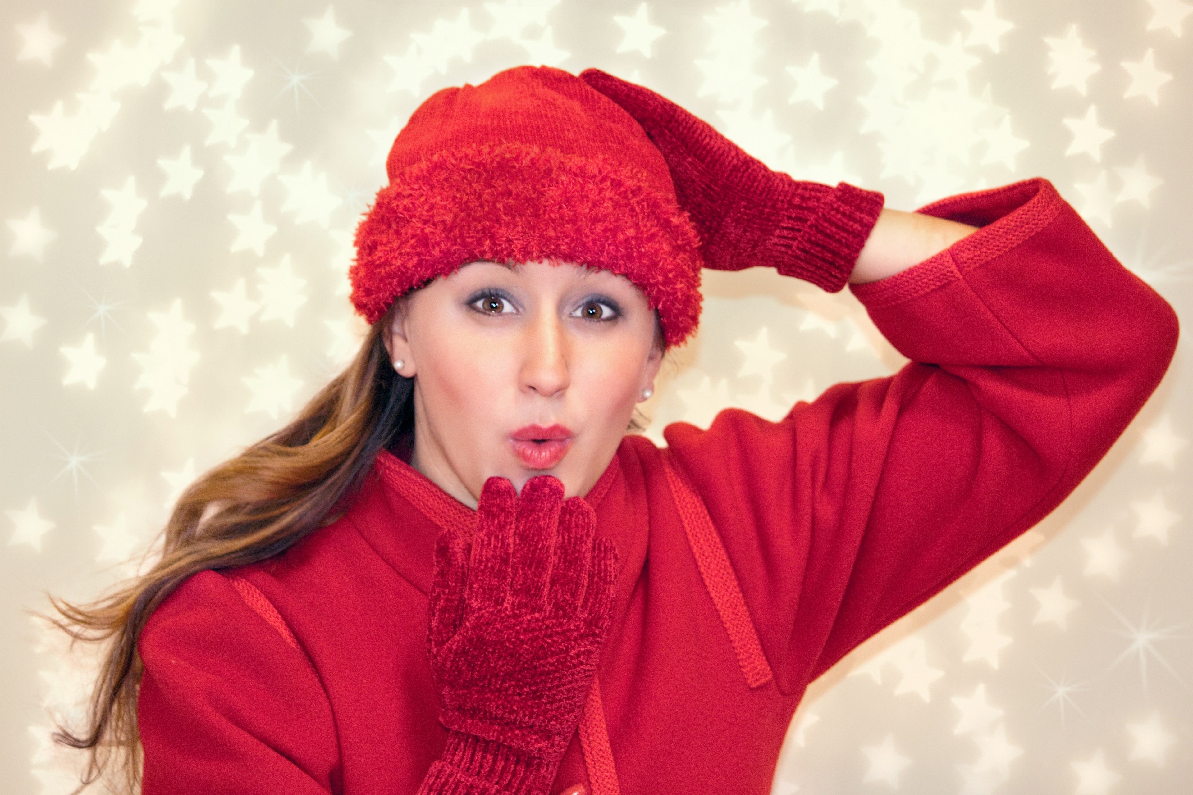 blowing kiss woman red cold winter christmas xmas 4k, HD Wallpaper