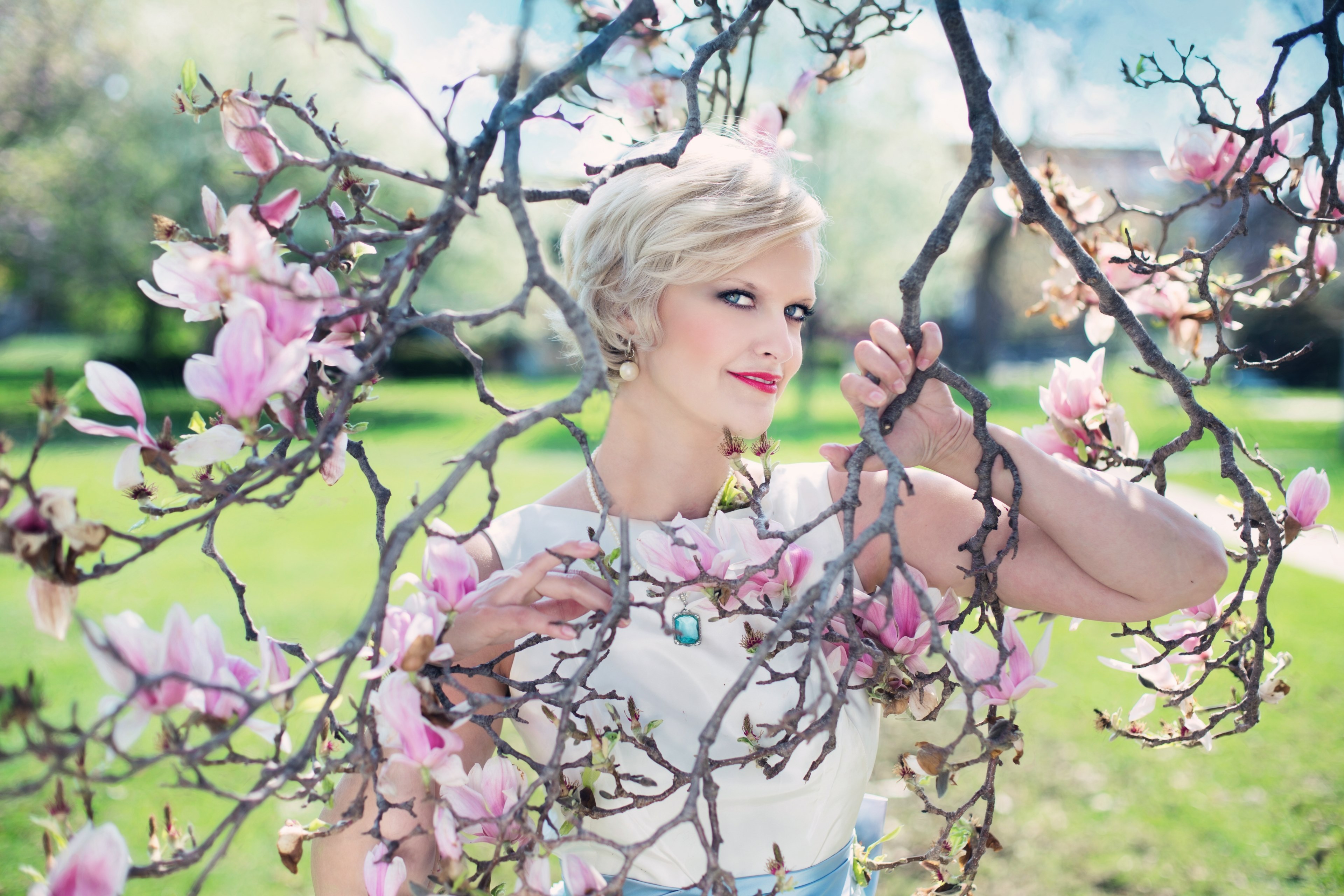 beautiful woman magnolias magnolia tree spring pink 4k, HD Wallpaper