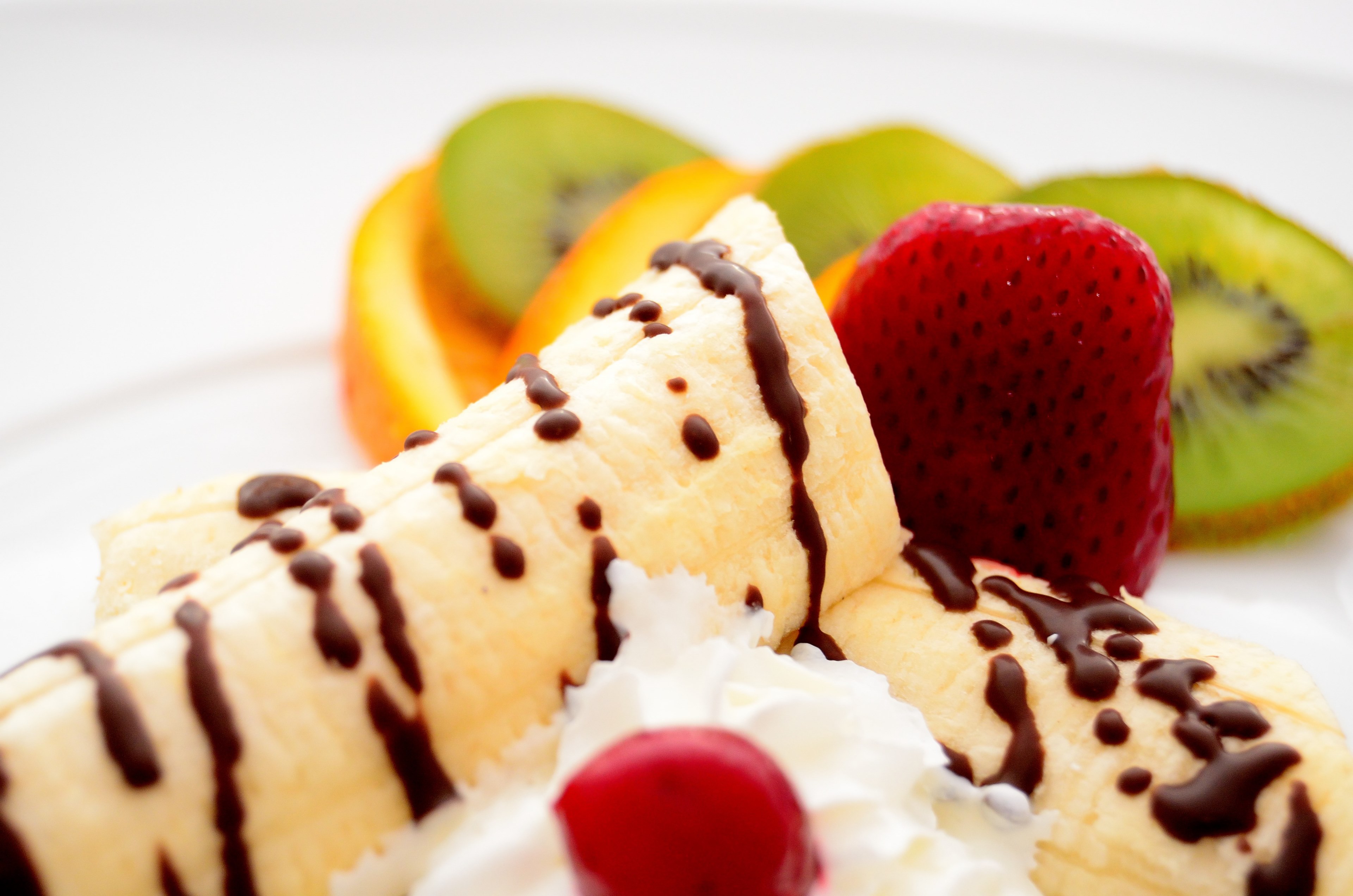 bananas strawberries kiwi orange dessert ice cream 4k, HD Wallpaper