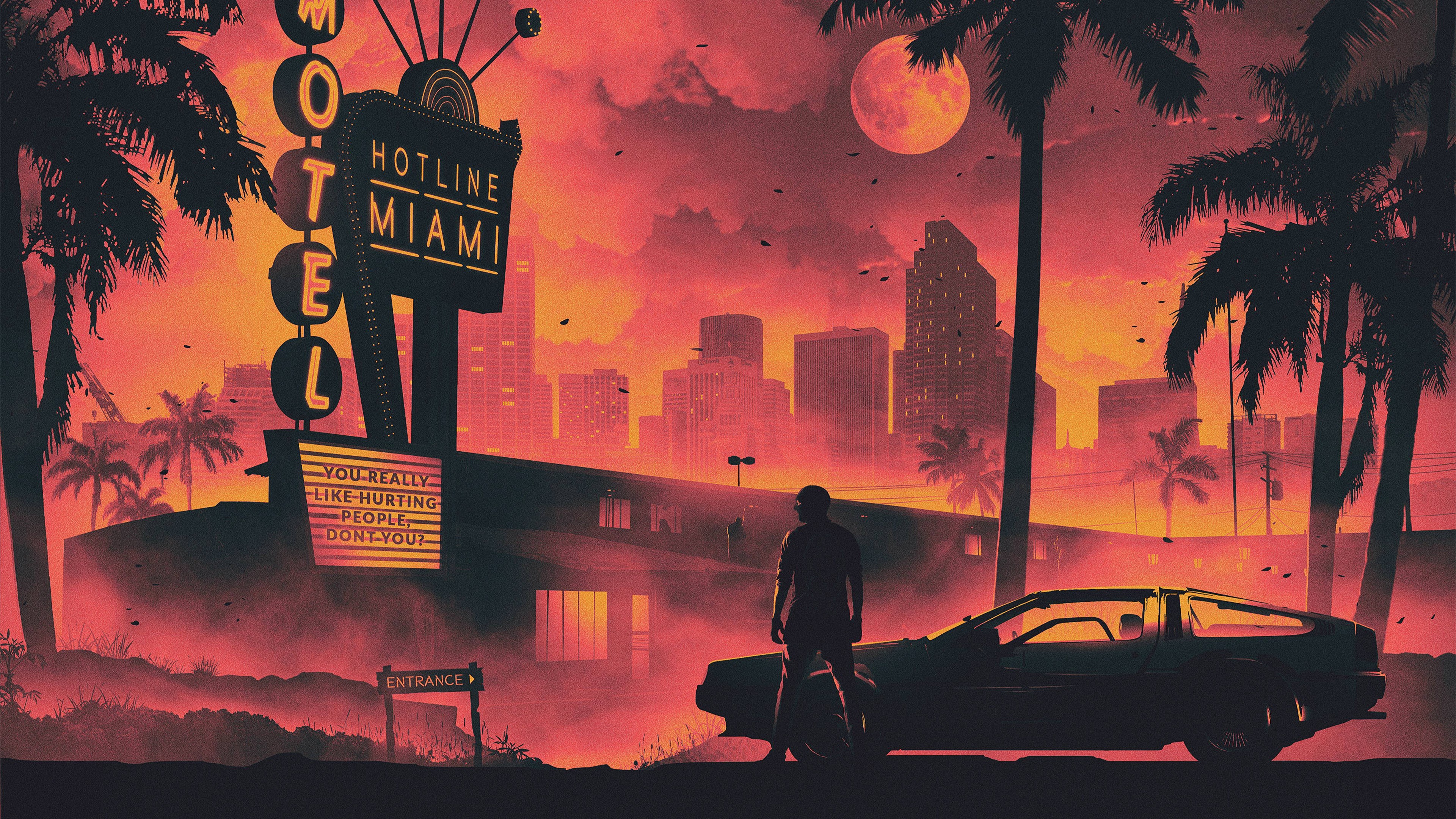 Retrowave, city, orange, 4K, HD Wallpaper