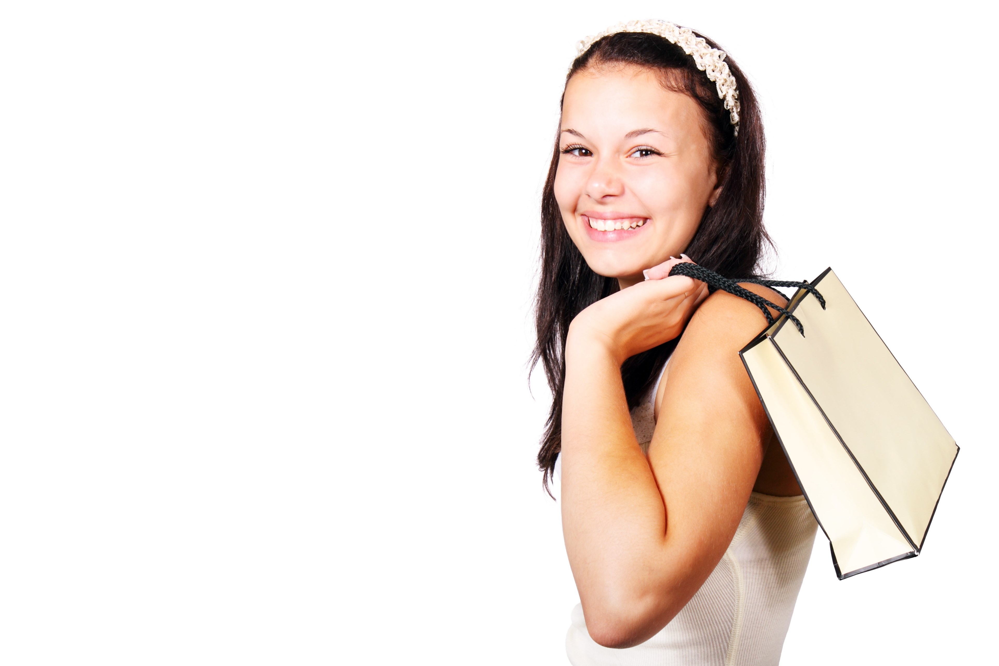bag buying carry customer cute female girl happy 4k, HD Wallpaper