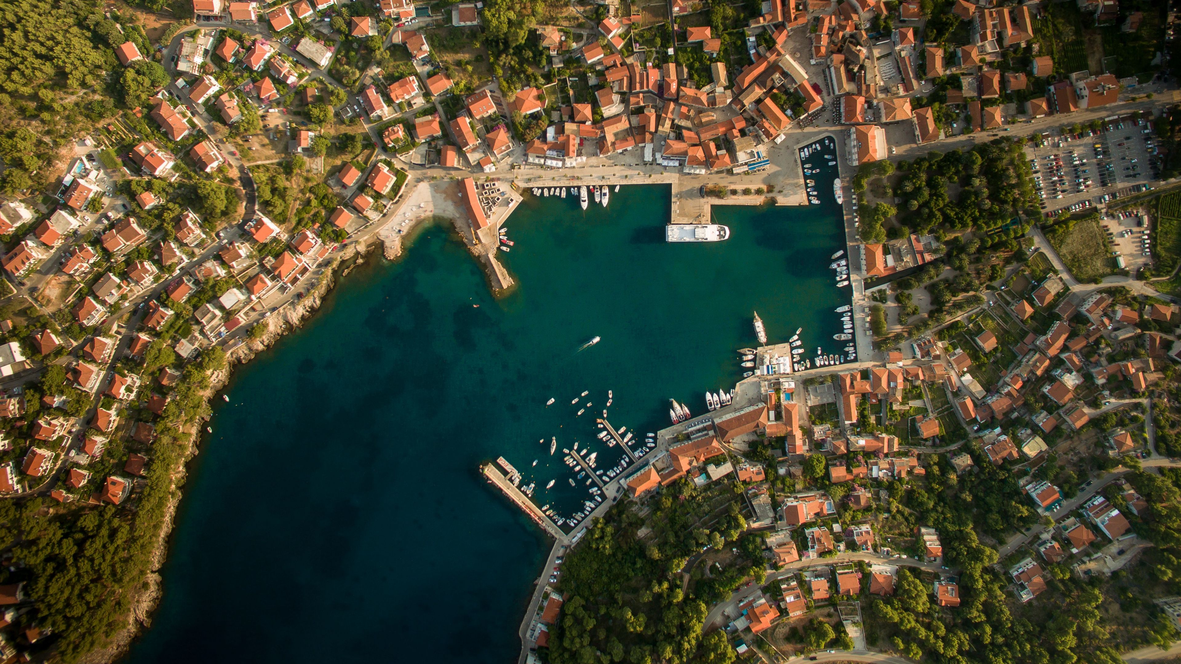 city, aerial view, roofs, coast, port, 4k, HD Wallpaper