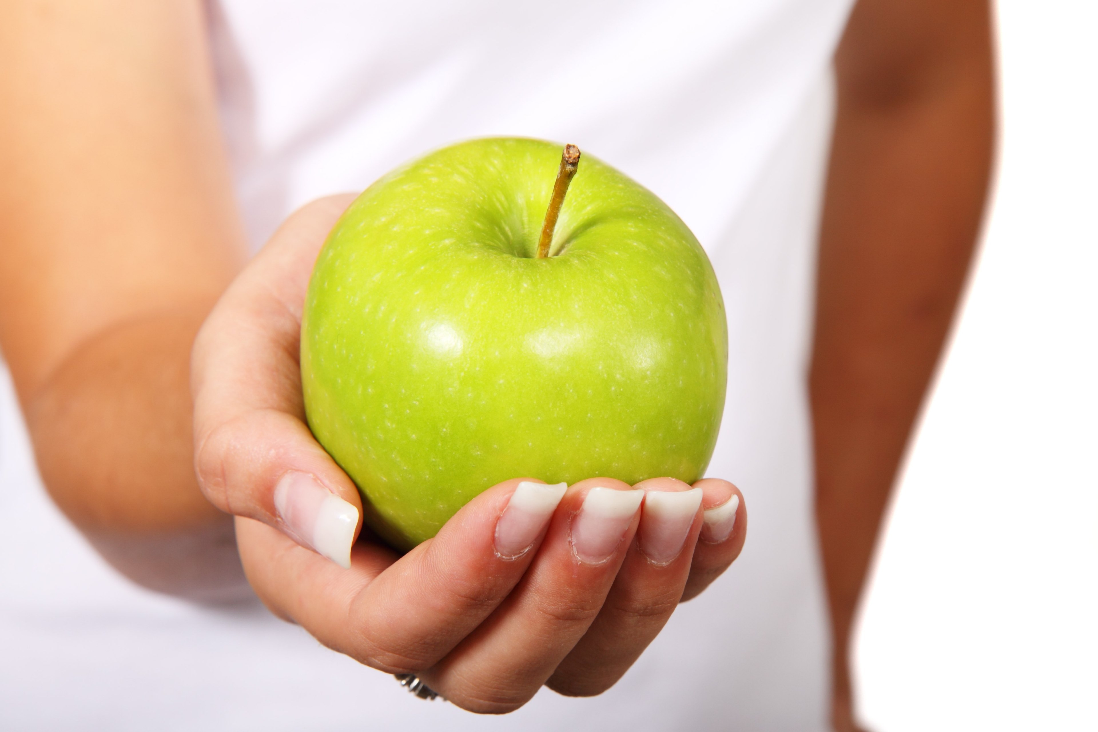 apple diet finger food fruit green hand healthy 4k, HD Wallpaper