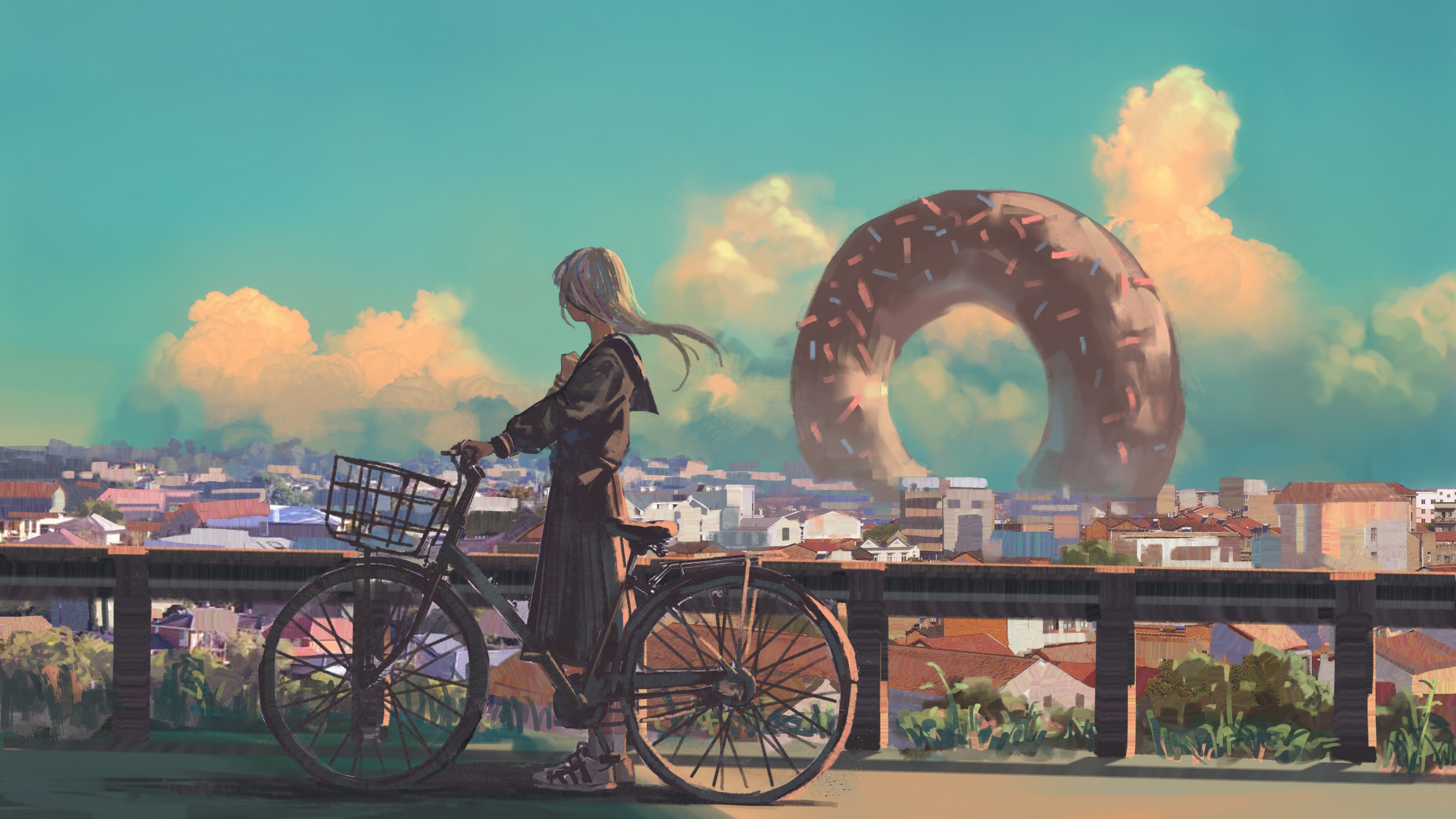 girl, bicycle, city, 4K, HD Wallpaper