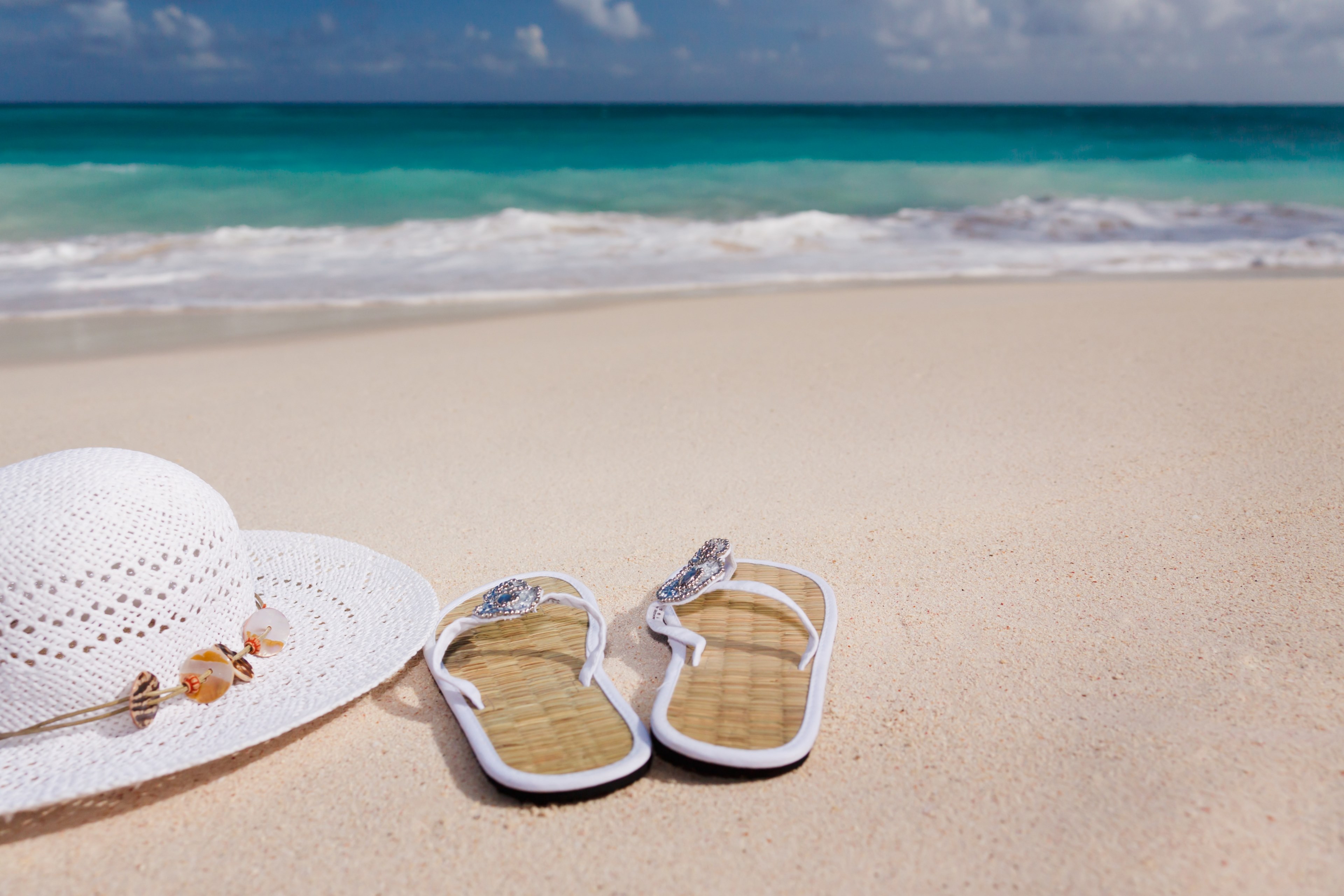 accessories beach blue feminine flip flops hat 4k, HD Wallpaper