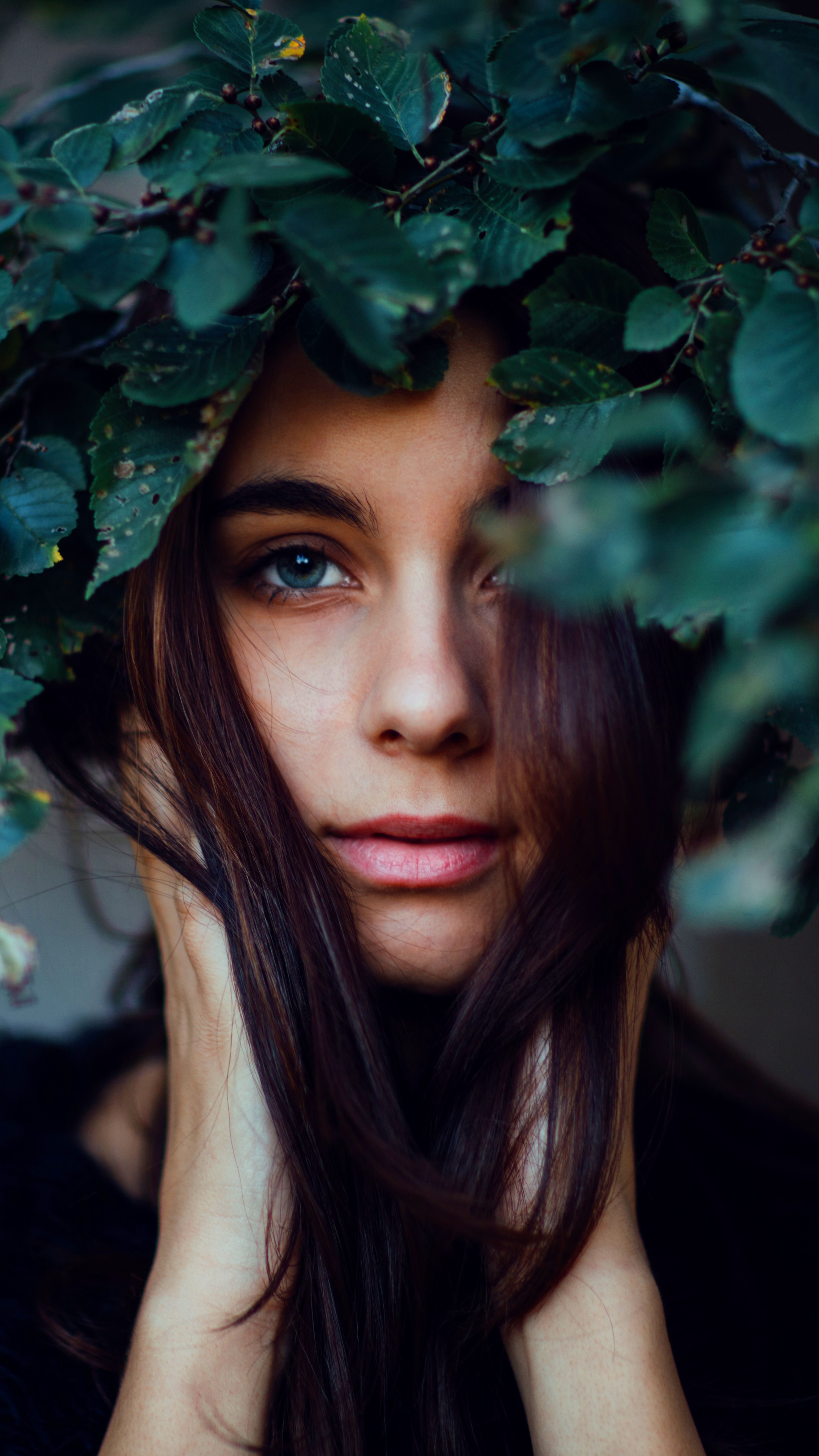 Women Model, Blue Eyes, Face, Brunette, Leaf, 2160x3840, Phone HD Wallpaper