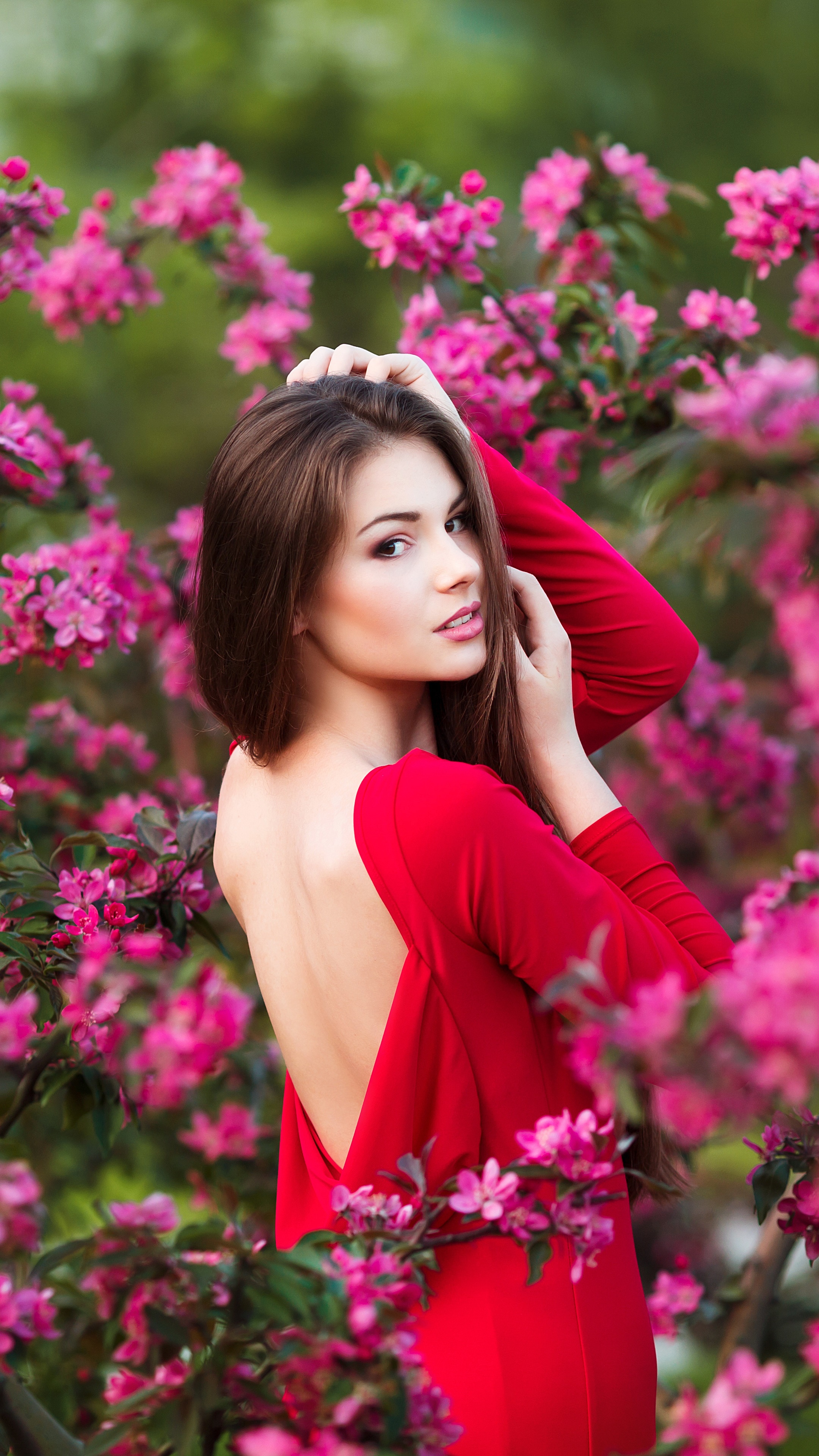 Women Model, Brunette, Red Dress, Pink Flower, 2160x3840, Phone HD Wallpaper