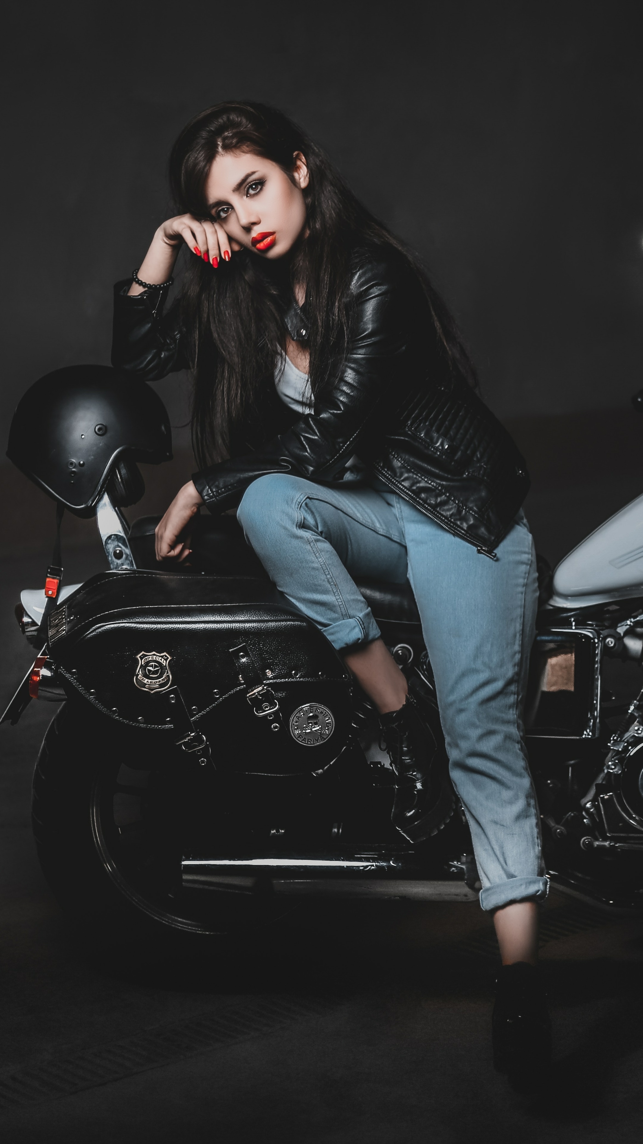 Women Model, Leather Jacket, Motorcycle, Lipstick, Black Hair, Brown Eyes, 2160x3840, Phone HD Wallpaper