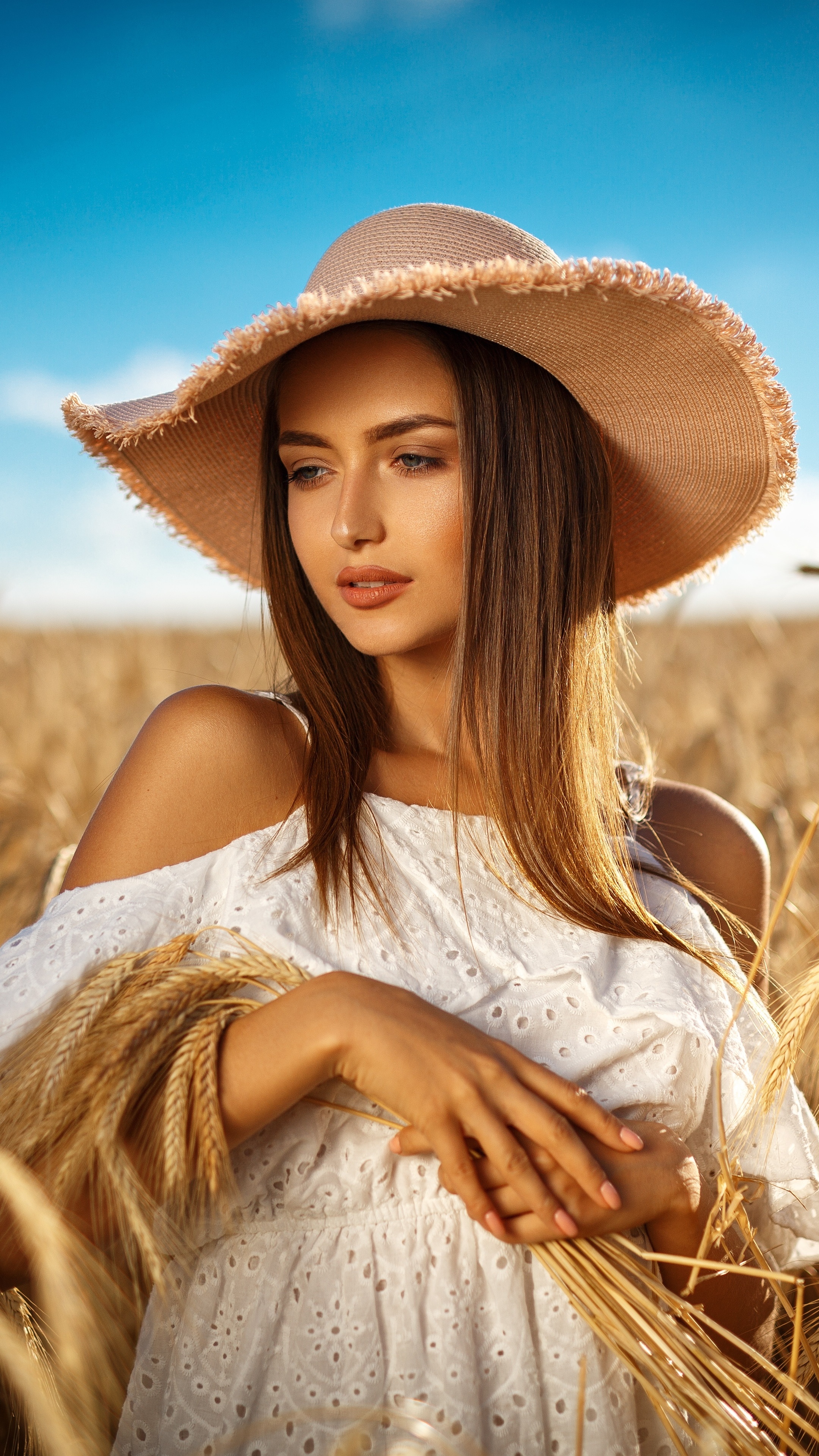 Women Model, White Dress, Wheat, Blonde, Summer, Hat, 2160x3840, Phone HD Wallpaper
