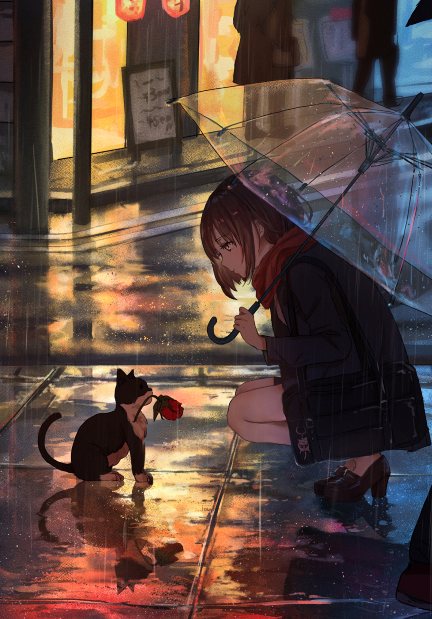 Anime Original, Rain, Cat, Kitten, Umbrella, 1668x2388, Phone HD Wallpaper