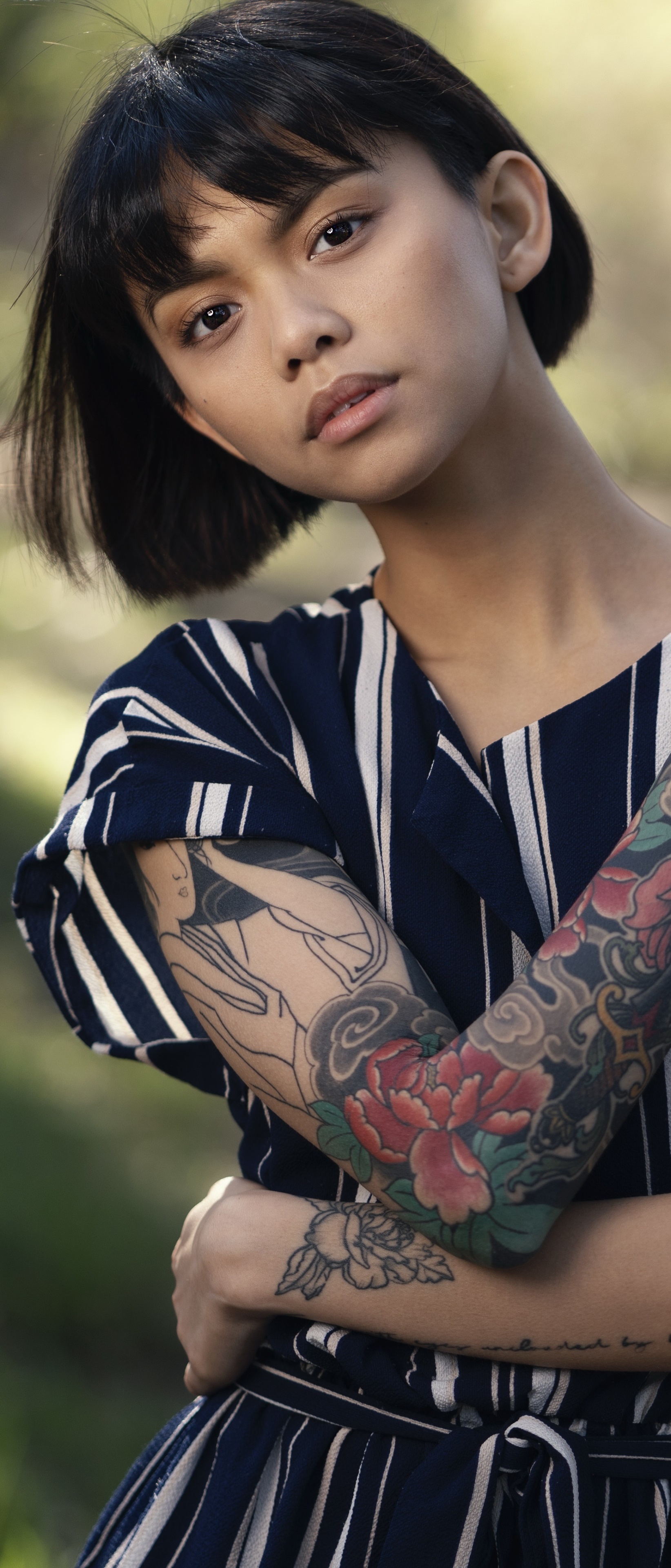 Women Tattoo, Brown Eyes, Short Hair, Model, Black Hair, 1644x3840, Phone HD Wallpaper