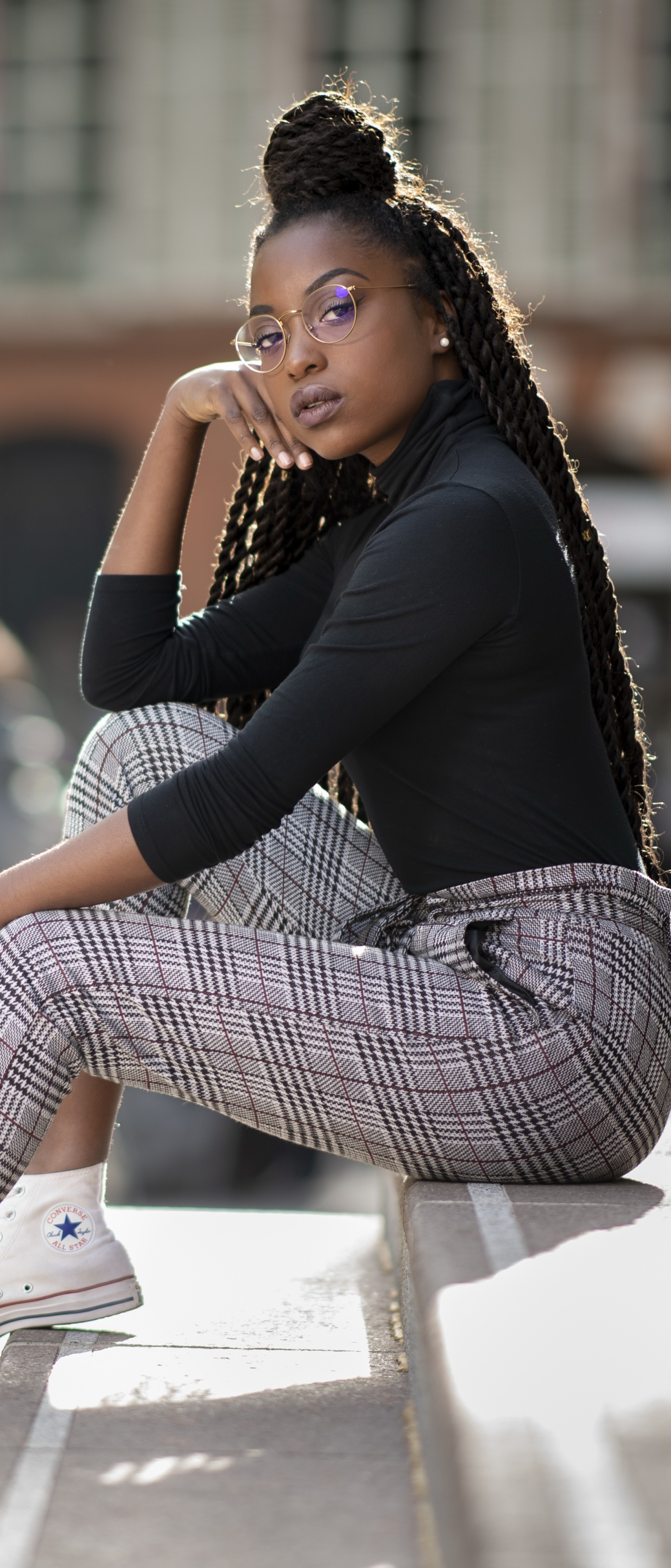 Women Model, Glasses, Braid, Long Hair, Black Hair, 1644x3840, Phone HD Wallpaper
