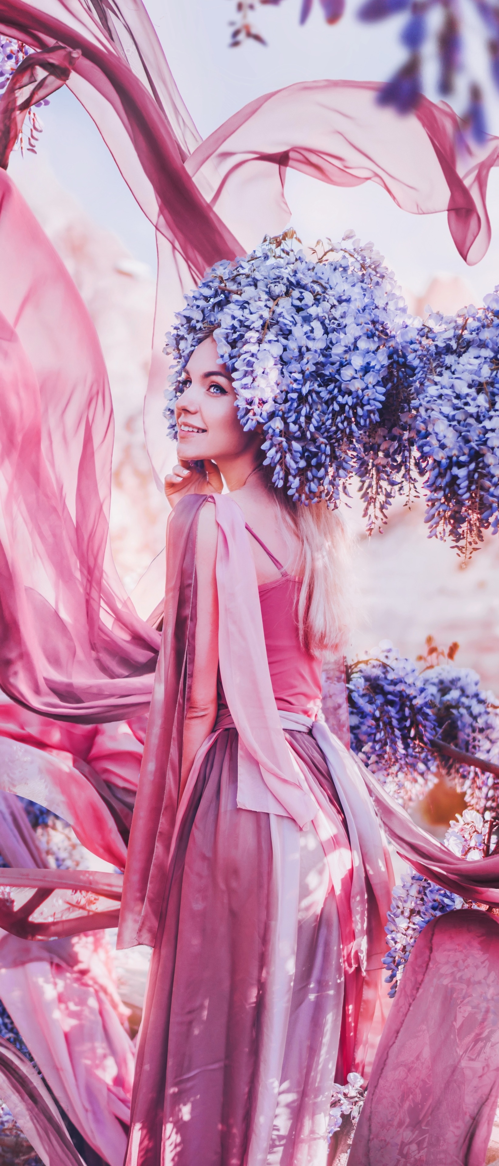 Women Model, Dress, Flower, Mood, Wisteria, Pink Dress, 1644x3840, Phone HD Wallpaper