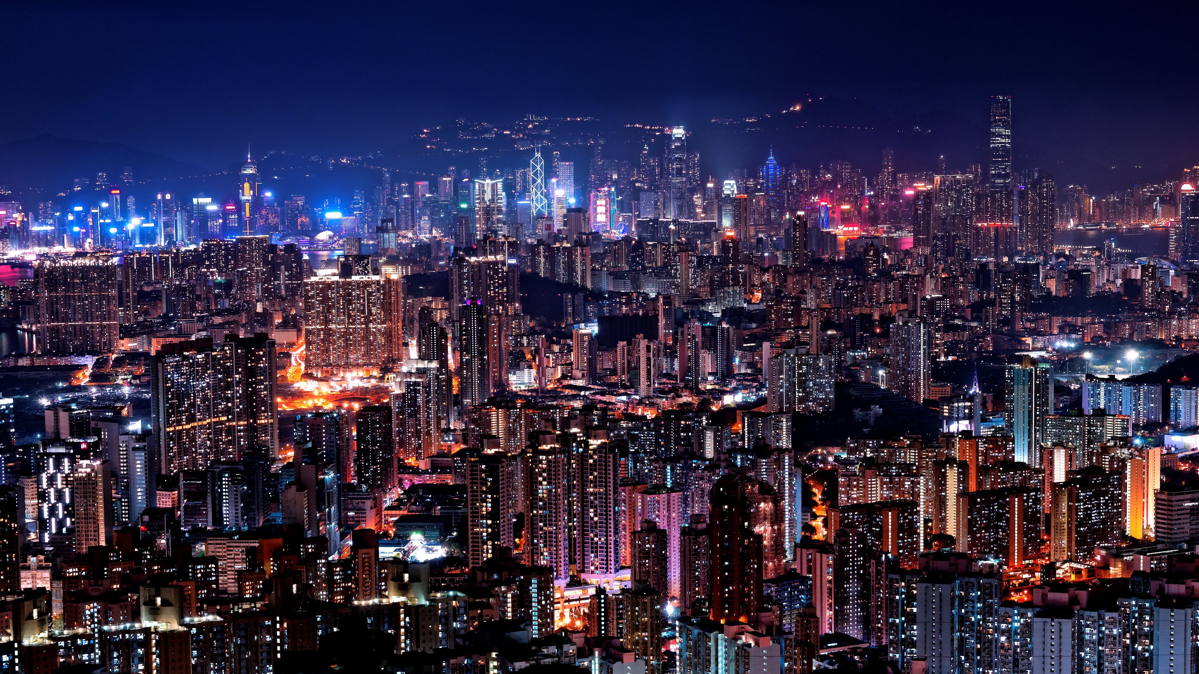 night city, buildings, lights, glow, 4k, HD Wallpaper