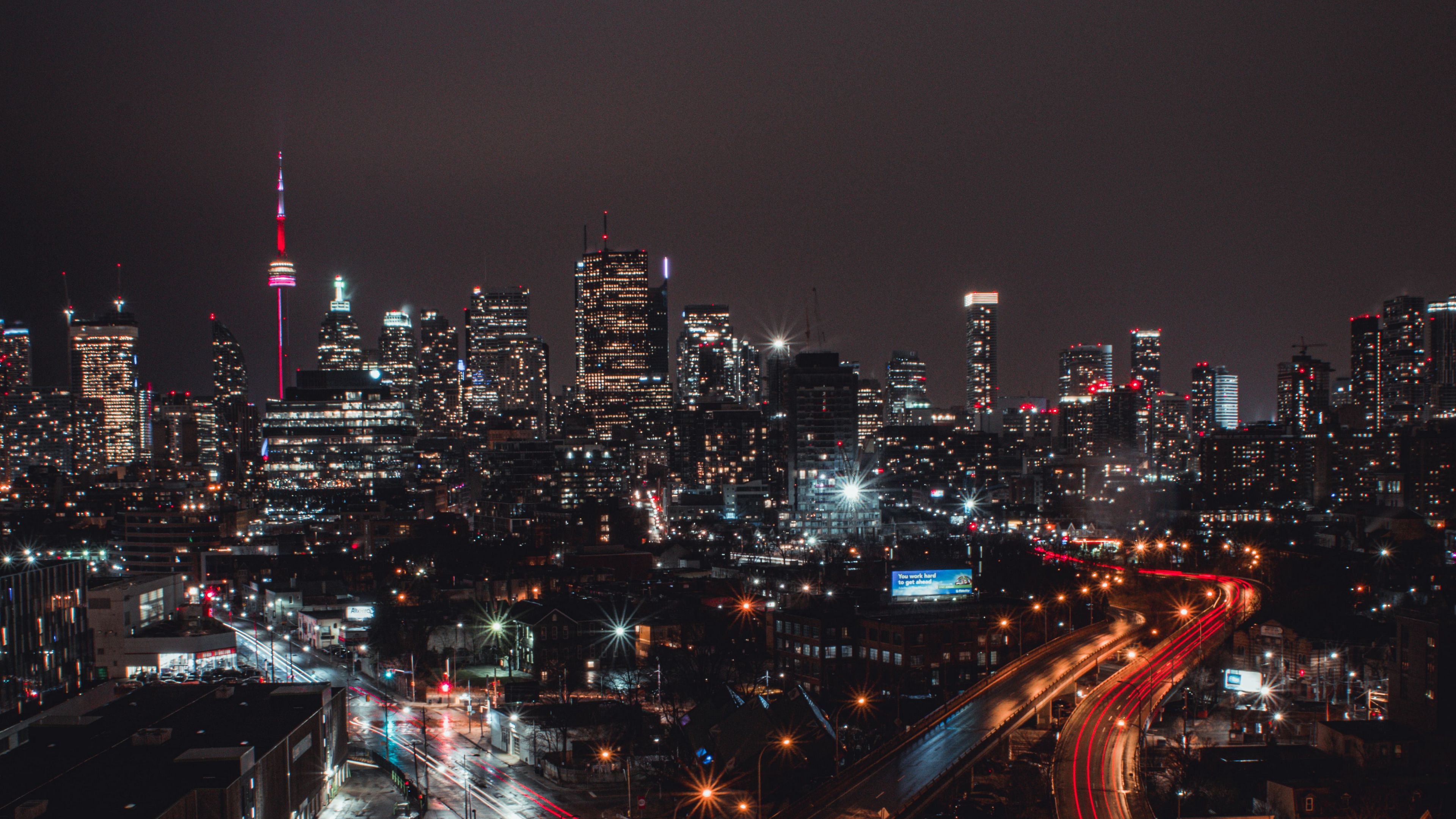 evening city, road, tower, 4k, HD Wallpaper