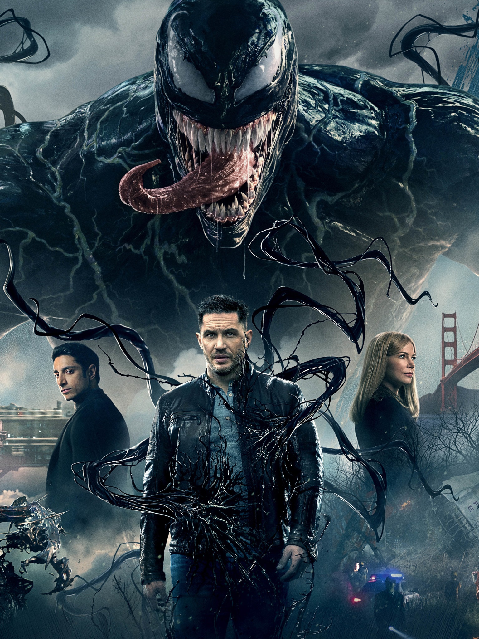 Movie Venom, Michelle Williams, Carlton Drake, Eddie Brock, Bridge, Antihero, 1536x2048, Phone HD Wallpaper