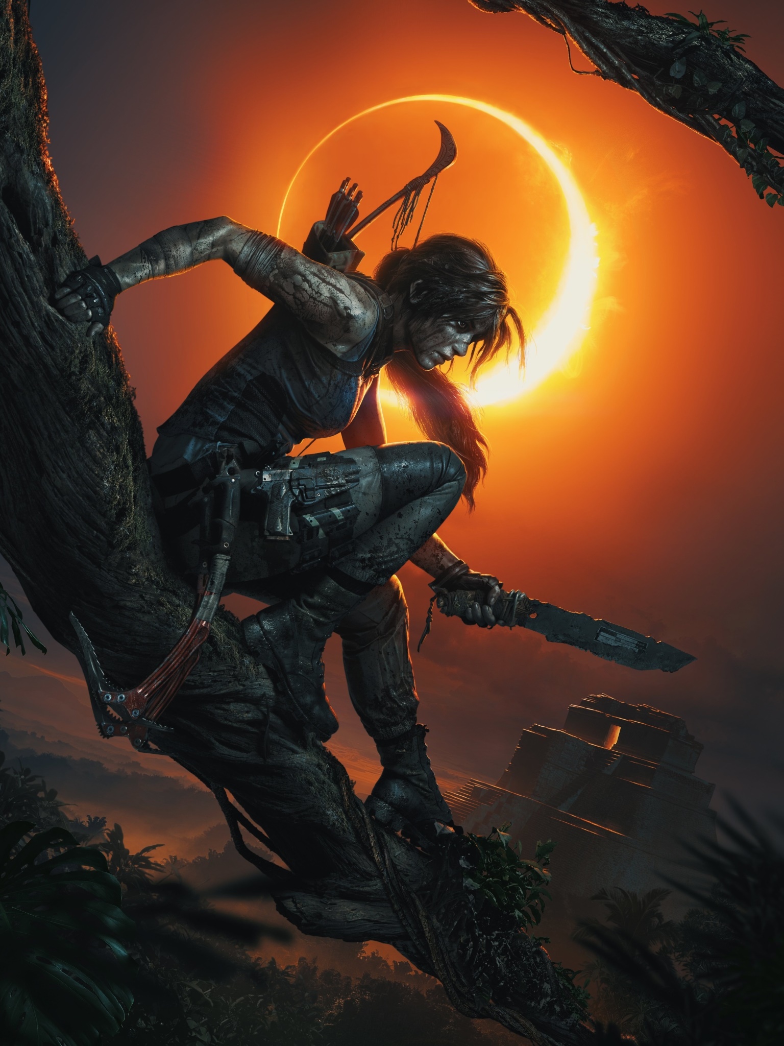 Video Game Shadow of the Tomb Raider, Lara Croft, Woman Warrior, Night, 1536x2048, Phone HD Wallpaper