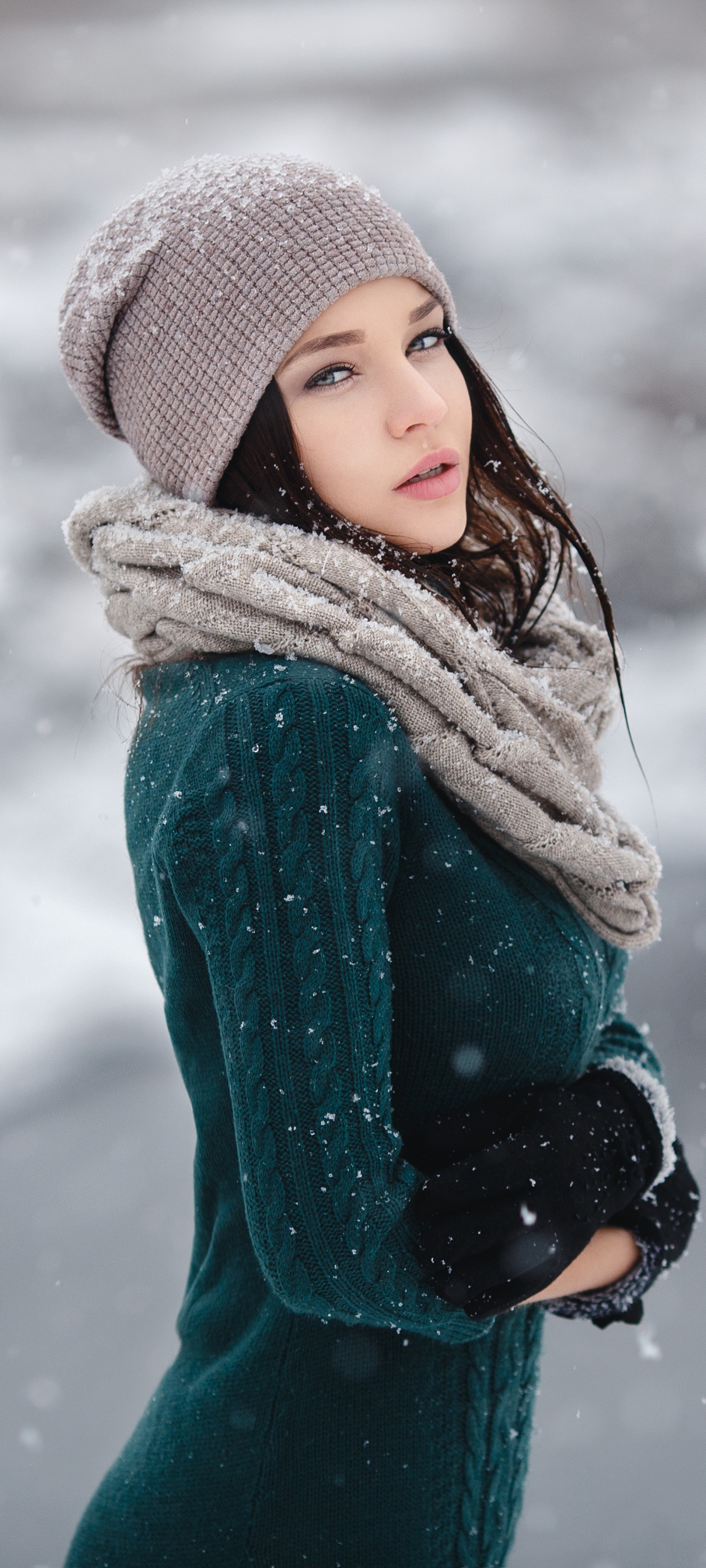 Women Angelina Petrova, Hat, Scarf, Model, 1440x3200, Phone HD Wallpaper