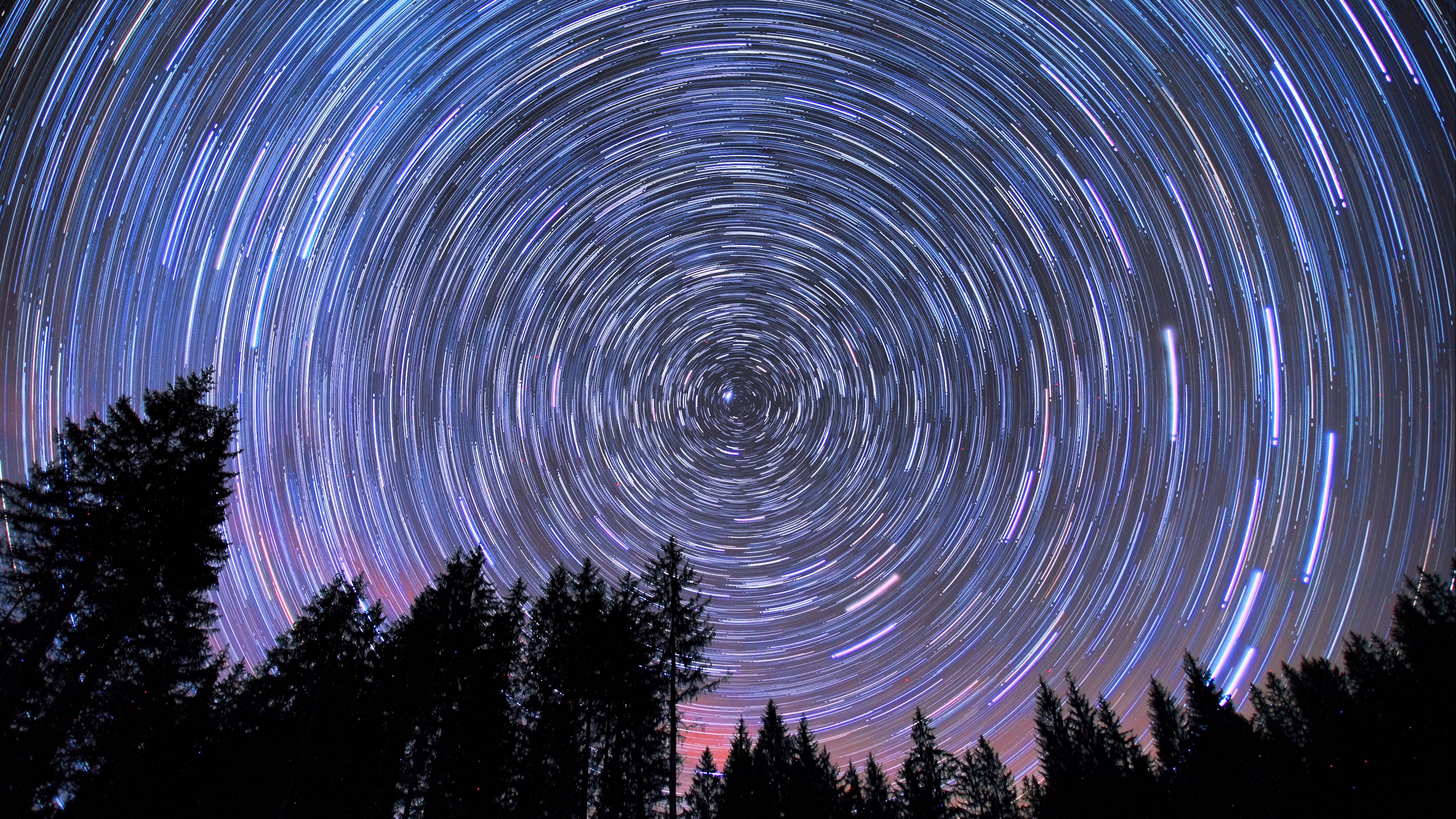 starry sky, stars, round, trees, 4k, HD Wallpaper