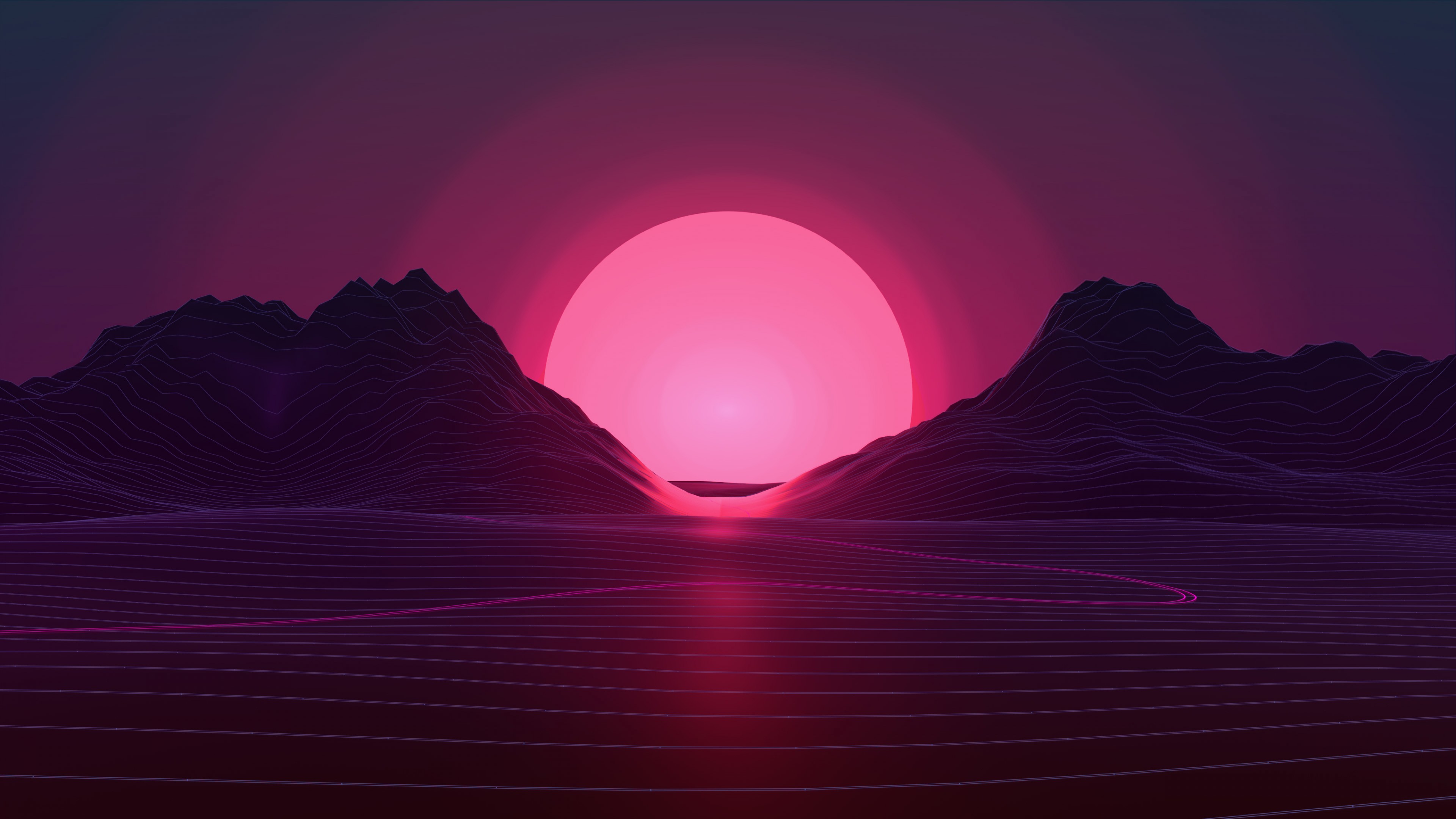 Retrowave, lines, sunset, 4K, HD Wallpaper