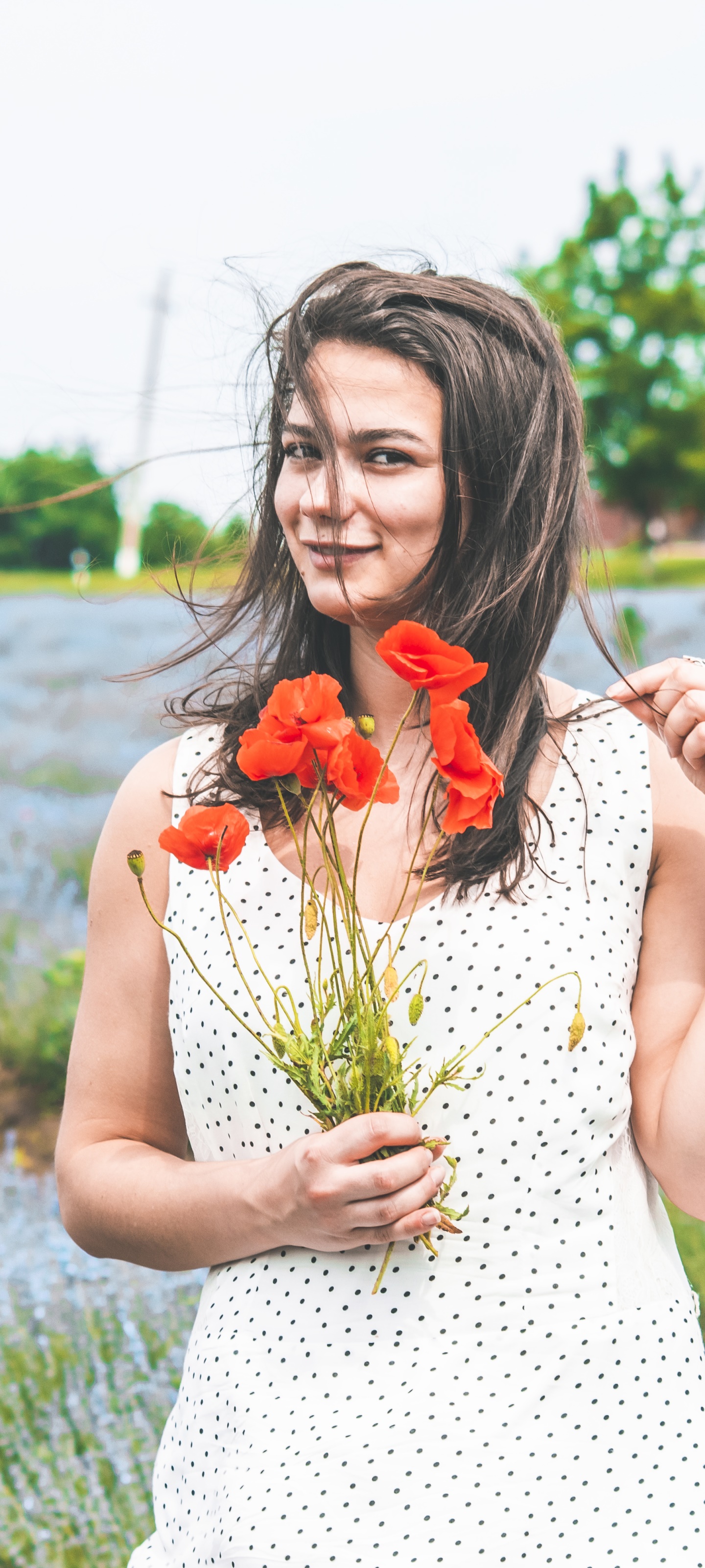 Women Model, Flower, Poppy, Black Hair, Depth Of Field, Dress, 1440x3200, Phone HD Wallpaper