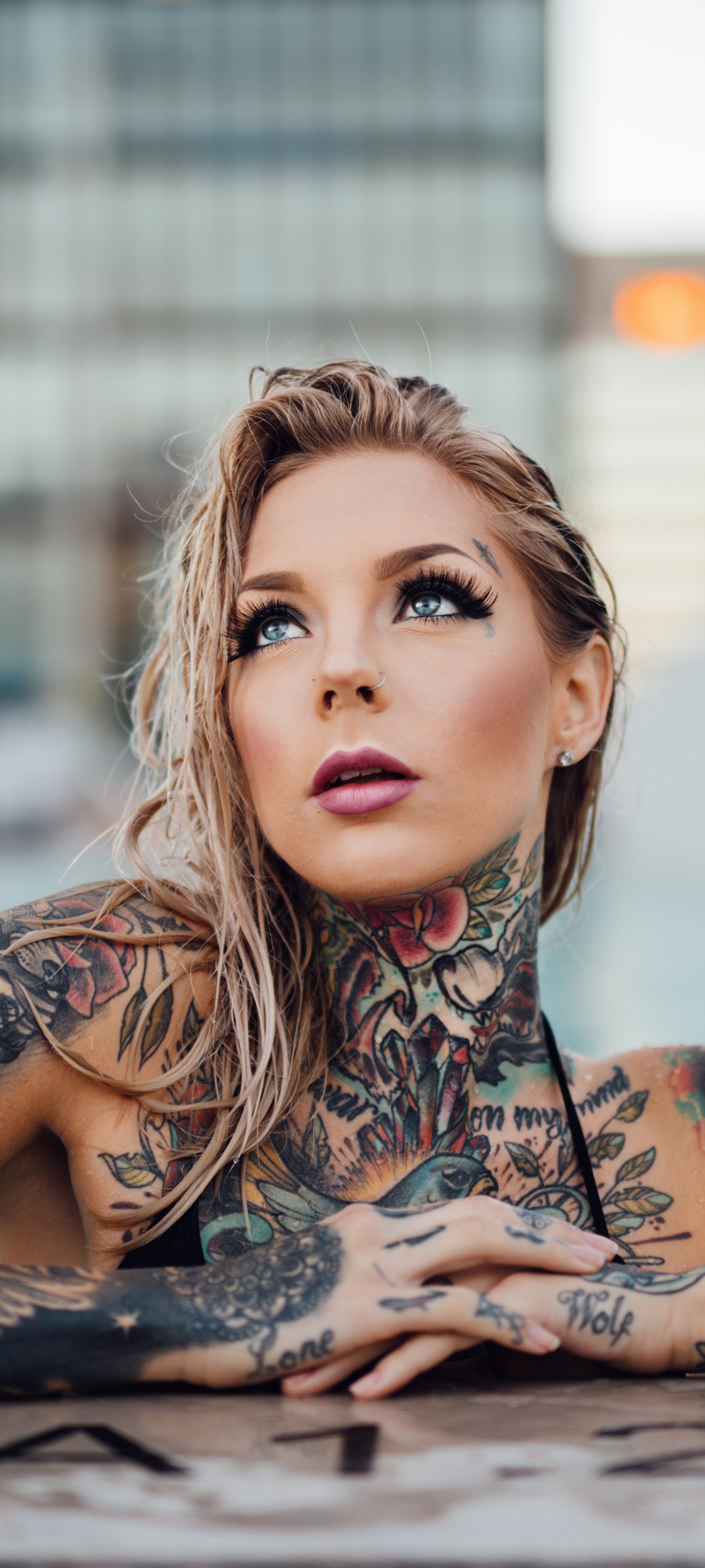 Women Tattoo, Blue Eyes, Model, Blonde, 1440x3200, Phone HD Wallpaper