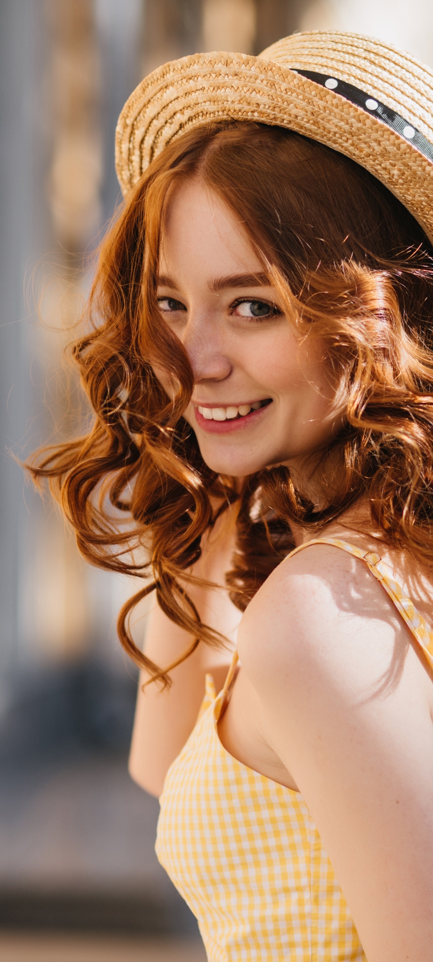Women Model, Redhead, Hat, Smile, 1440x3200, Phone HD Wallpaper