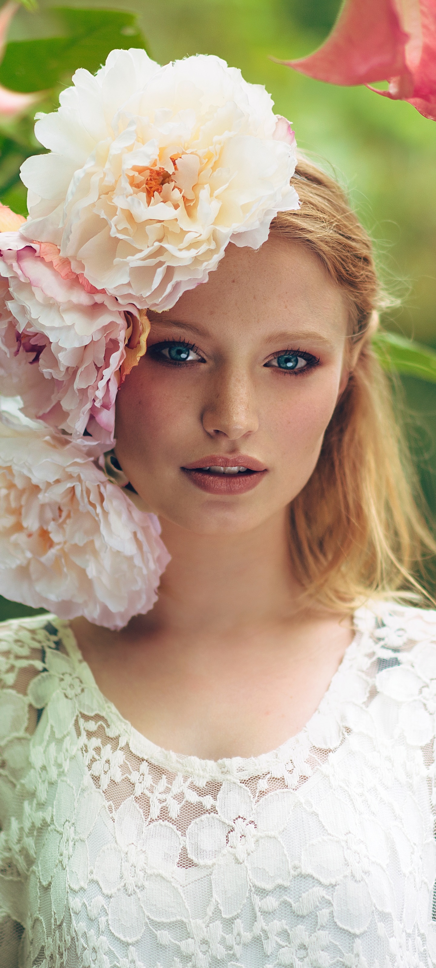 Women Model, Blue Eyes, Redhead, Wreath, Flower, White Flower, 1440x3200, Phone HD Wallpaper