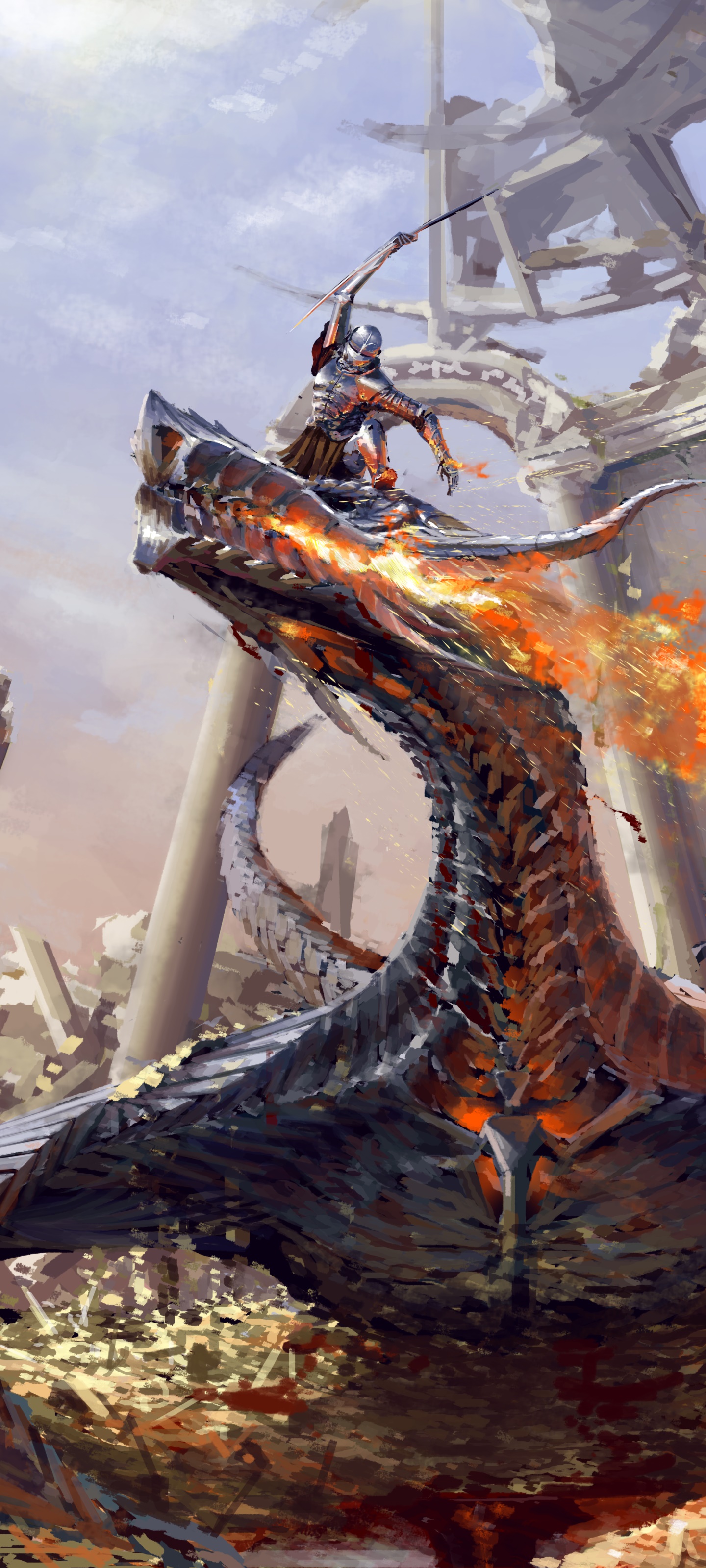 Fantasy Dragon, Knight, Wyvern, 1440x3200, Phone HD Wallpaper