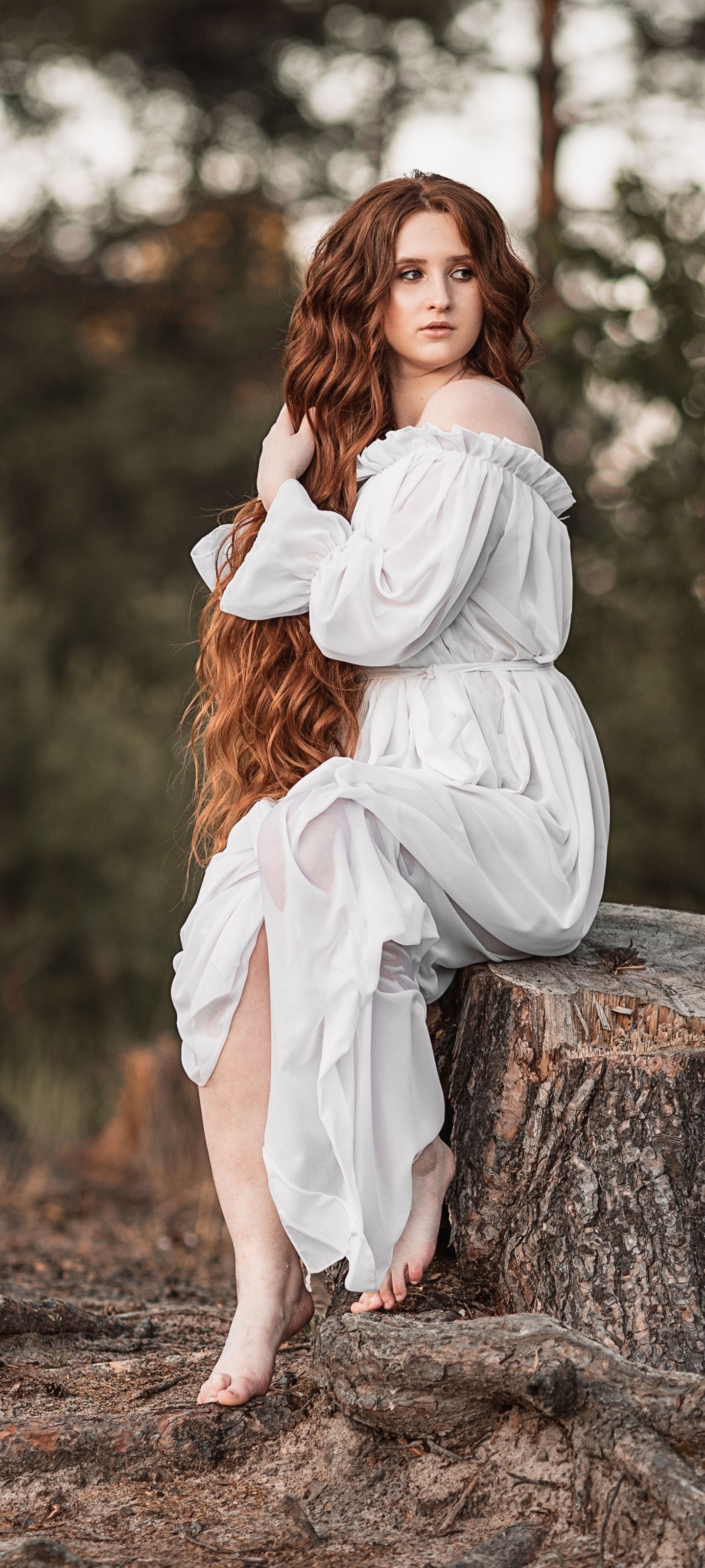 Women Model, Redhead, Long Hair, Barefoot, White Dress, 1440x3200, Phone HD Wallpaper