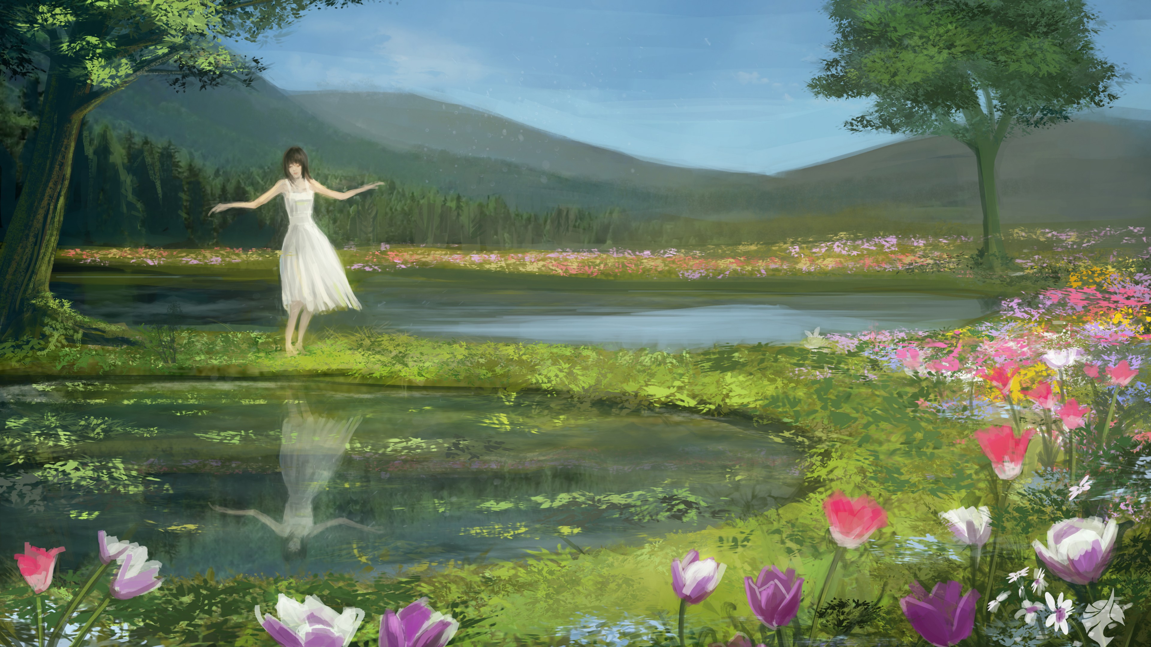 Reflection, Tree, White Dress, Woman, 4K, 4K, HD Wallpaper