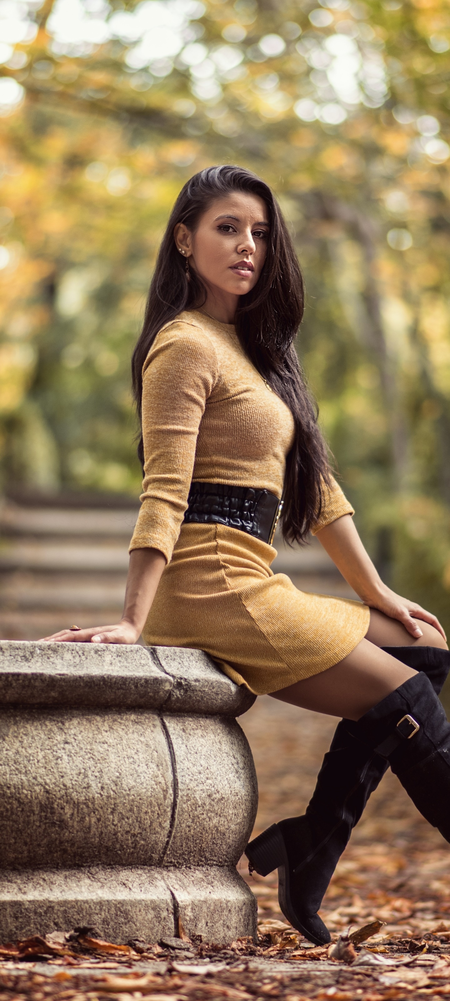 Women Model, Boots, Black Hair, Long Hair, Depth Of Field, 1440x3200, Phone HD Wallpaper
