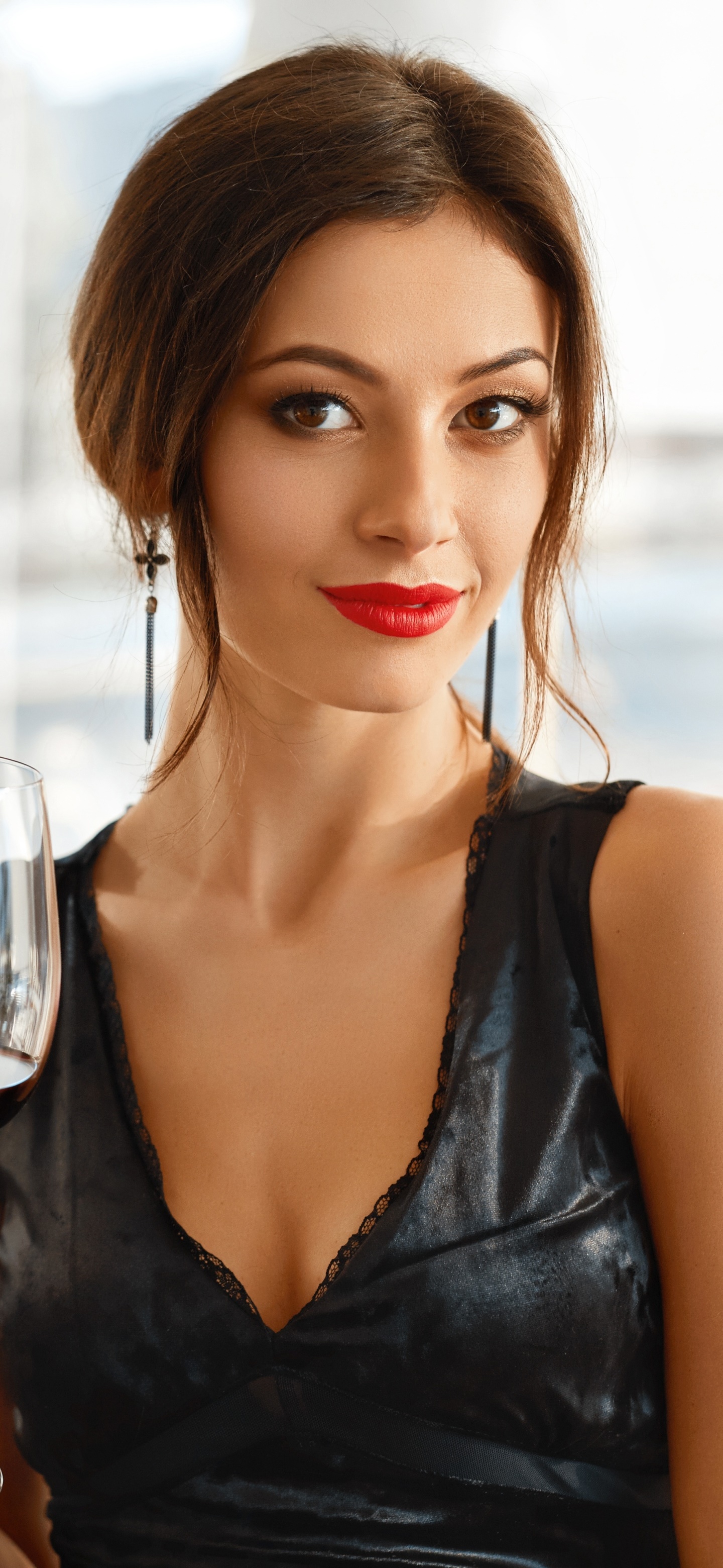 Women Model, Brunette, Brown Eyes, Lipstick, 1440x3120, Phone HD Wallpaper