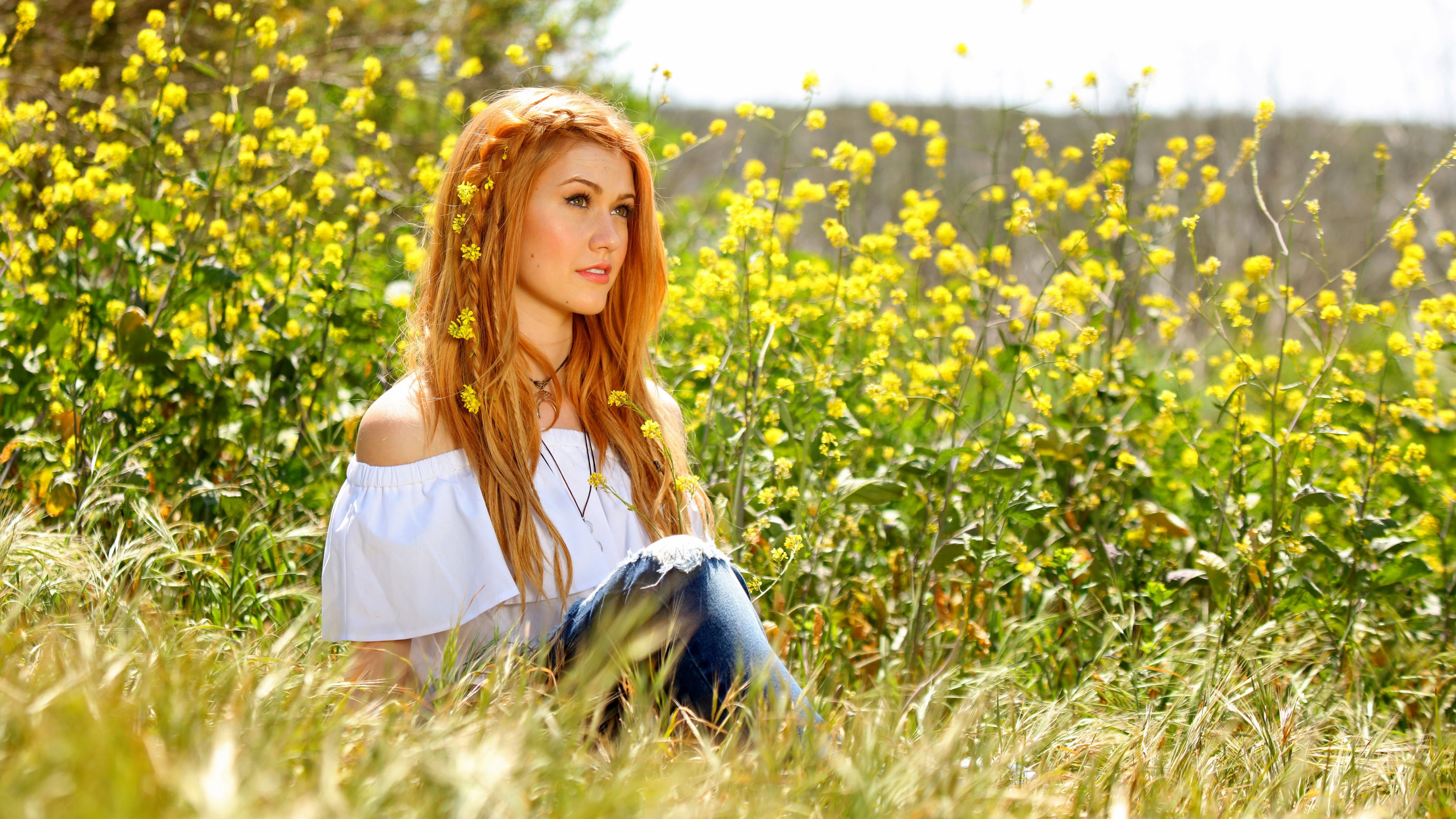 Katherine Mcnamara, photo, flowers, grass, 4K, HD Wallpaper