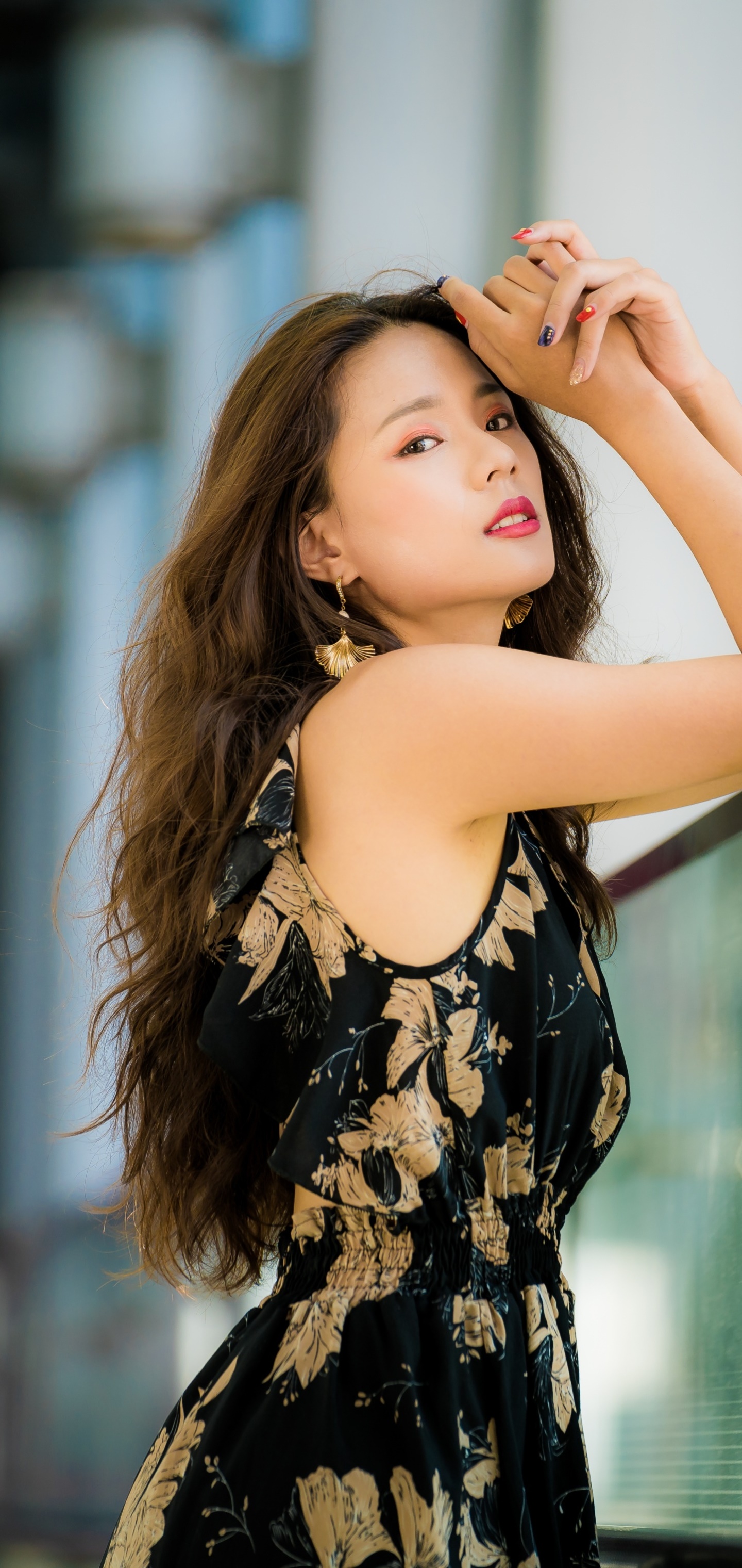 Women Model, Brunette, Dress, Lipstick, Earrings, Asian, 1440x3040, Phone HD Wallpaper