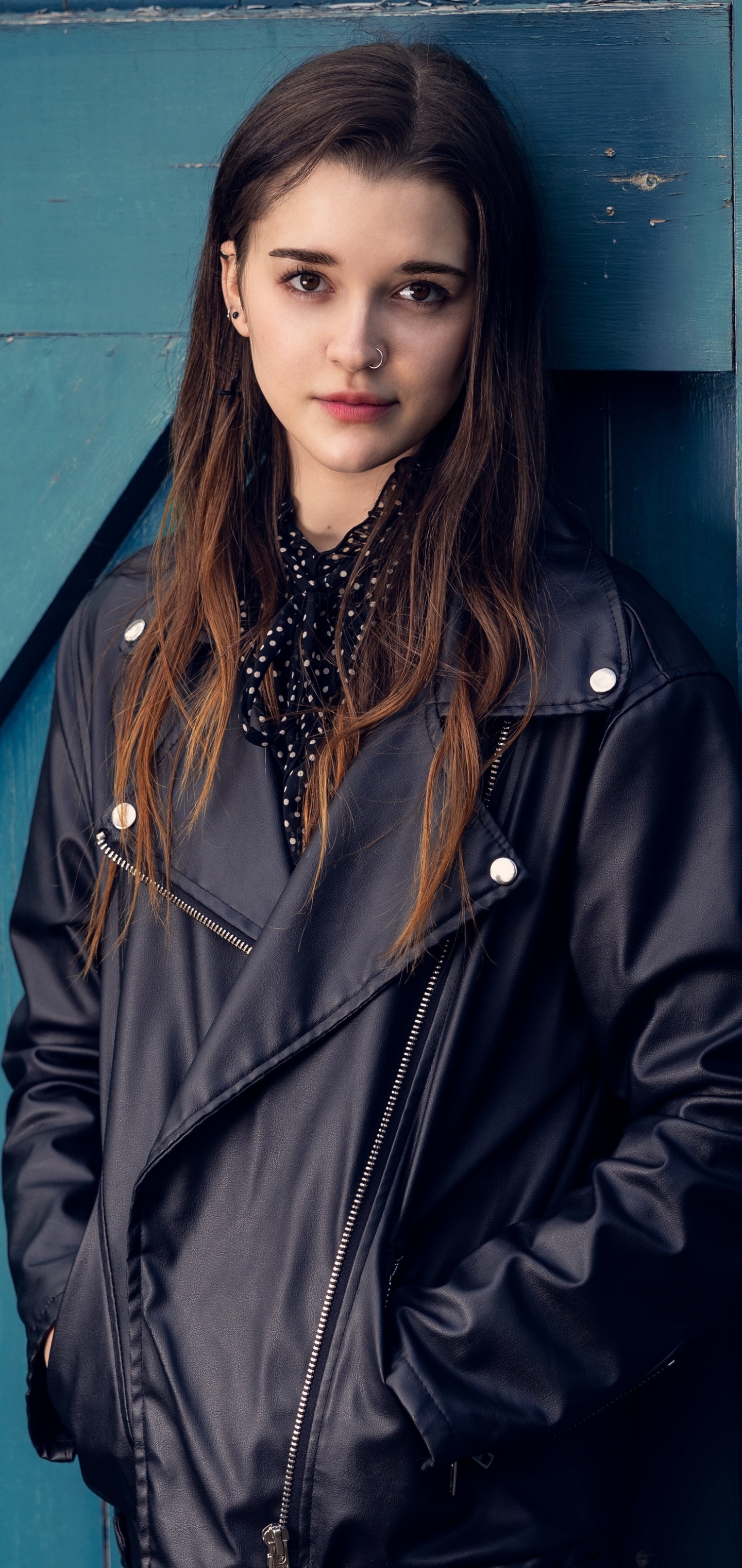 Women Model, Brunette, Brown Eyes, Leather Jacket, 1440x3040, Phone HD Wallpaper