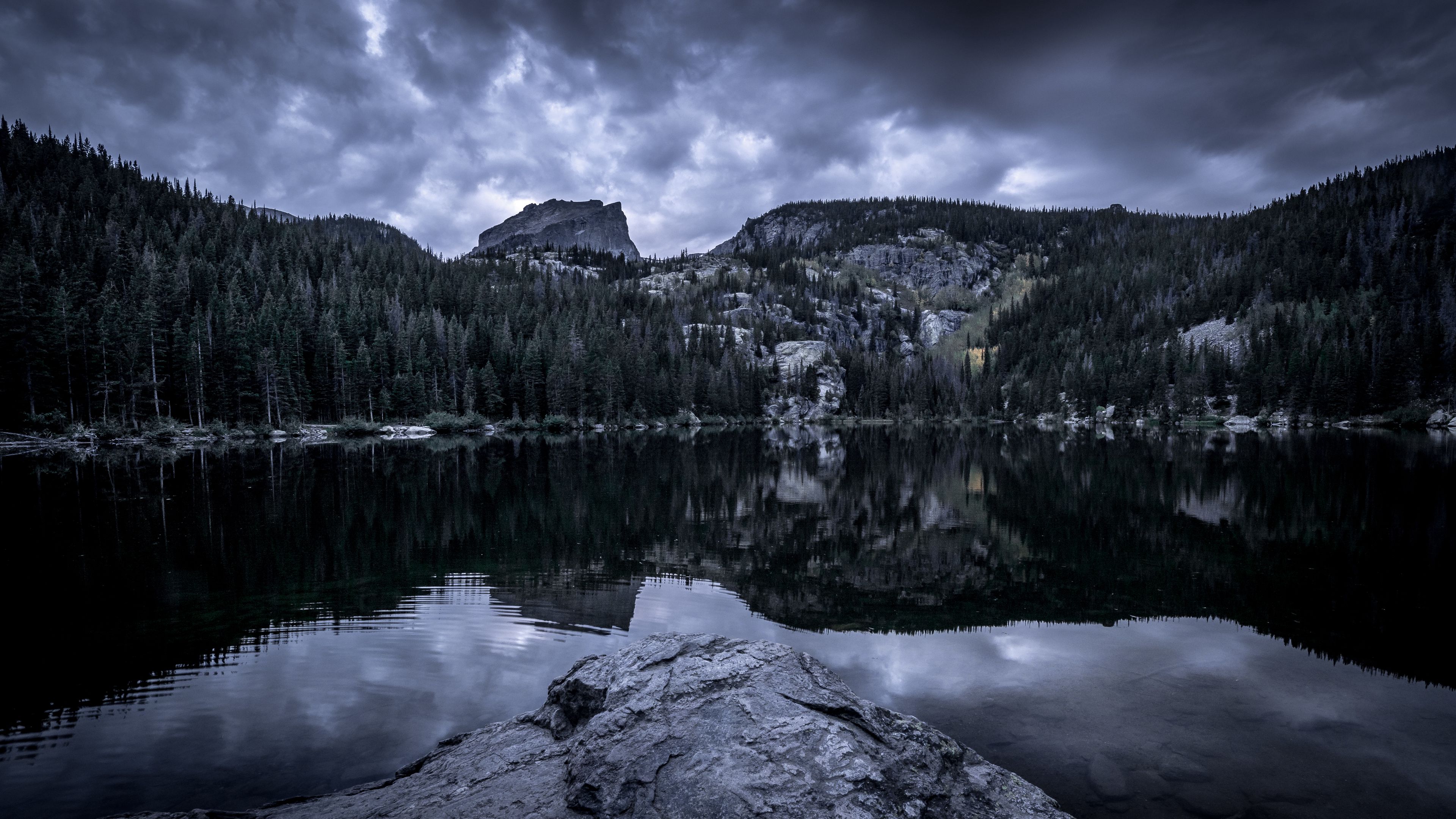 forest, peaks, cloudy, water, 4k, HD Wallpaper