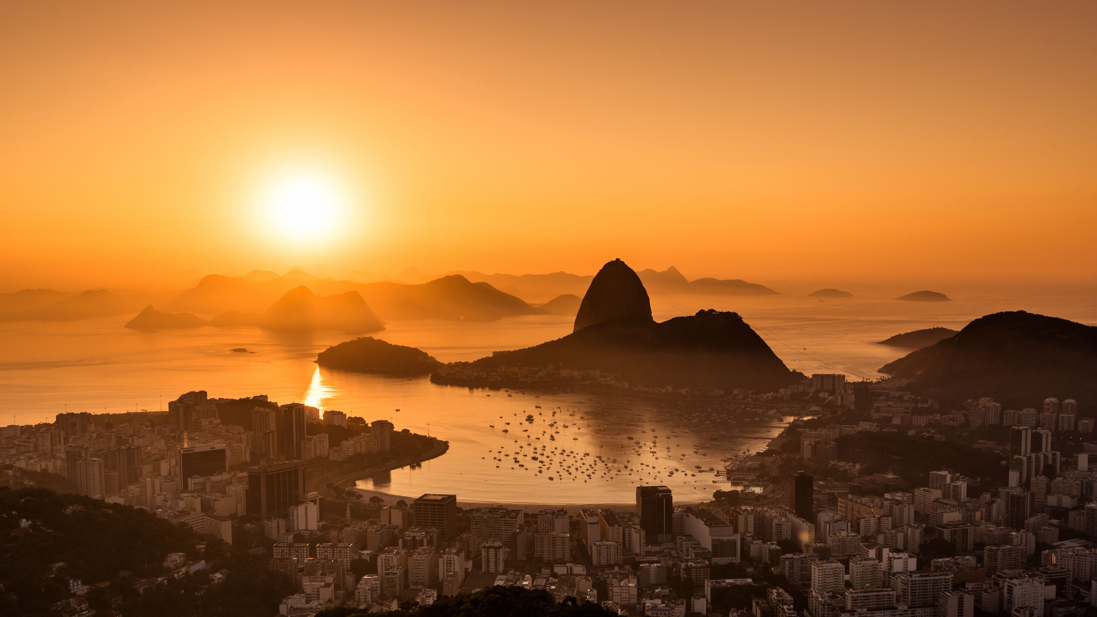 sun, sunset, city, shore, 4k, HD Wallpaper