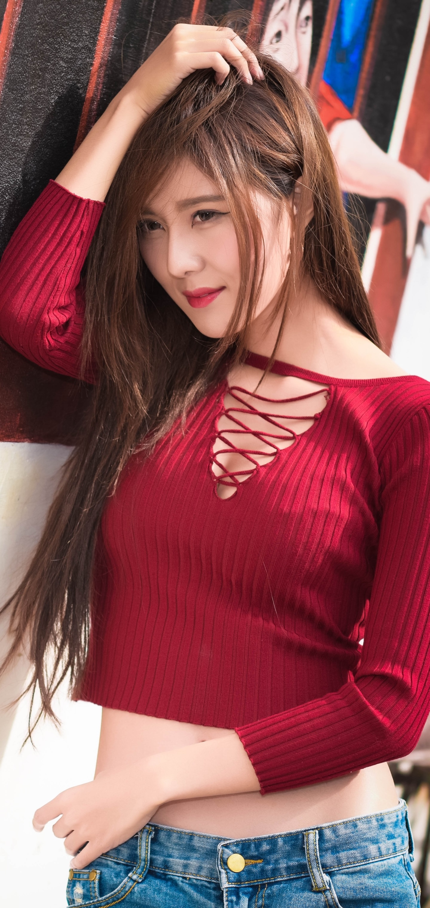 Women Model, Long Hair, Lipstick, Brunette, Asian, 1440x3040, Phone HD Wallpaper