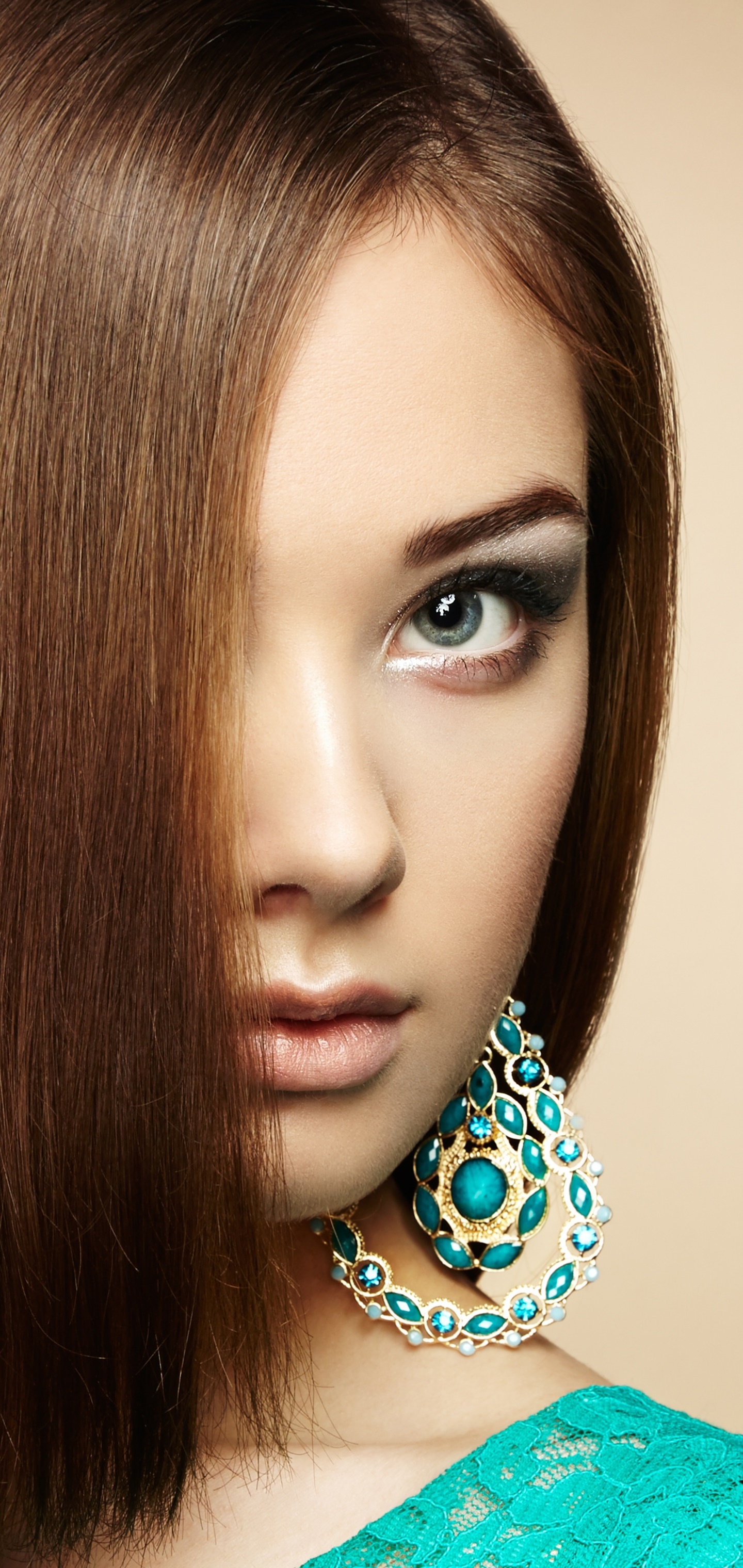 Women Model, Brunette, Hair, Blue Eyes, Earrings, Face, 1440x3040, Phone HD Wallpaper
