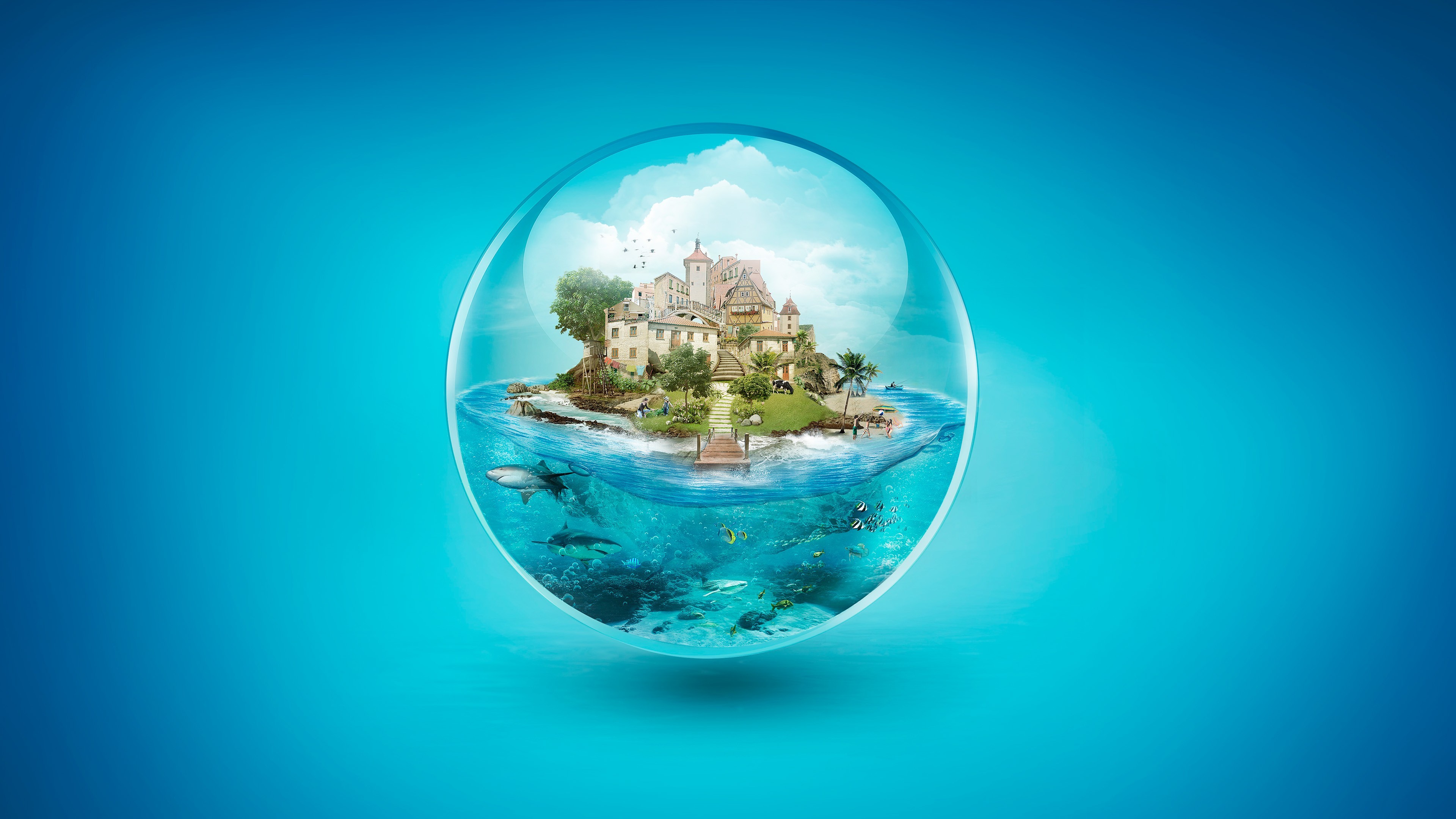 ball, house, underwater, shark, 4k, HD Wallpaper