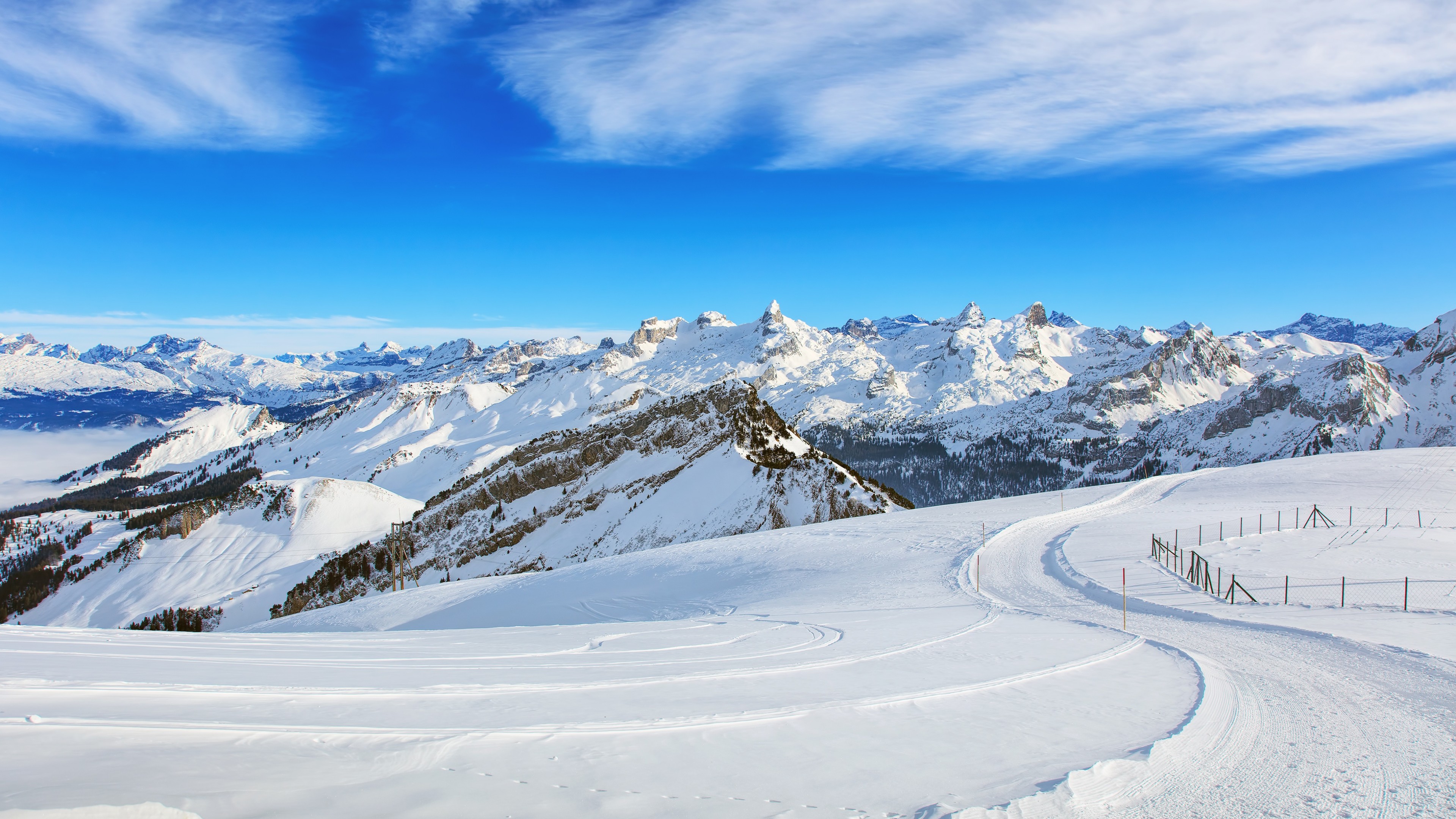 mountains, snow, winter, sky, clouds, 4k, HD Wallpaper