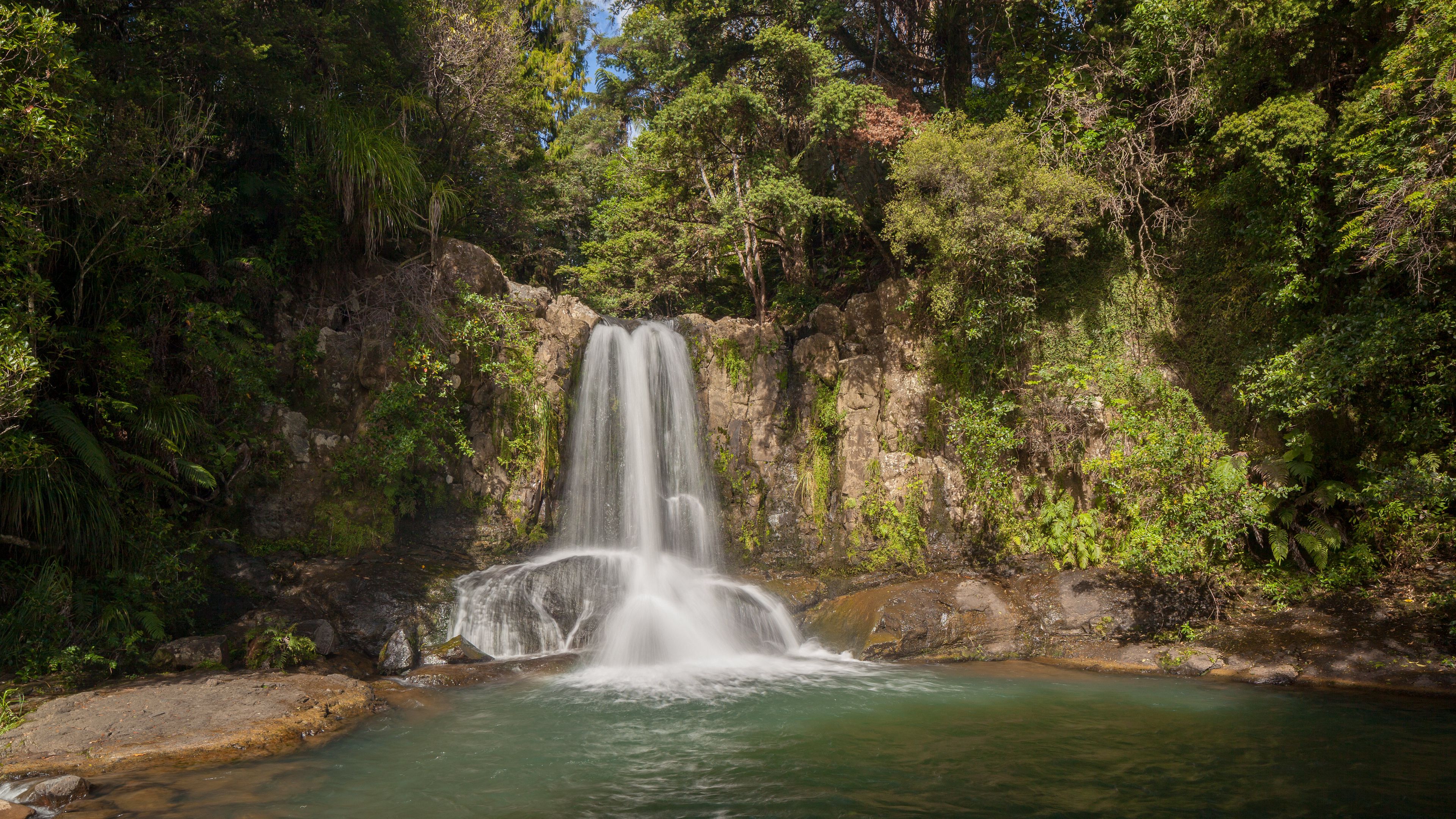 waterfall, spray, rocks, trees, 4k, HD Wallpaper