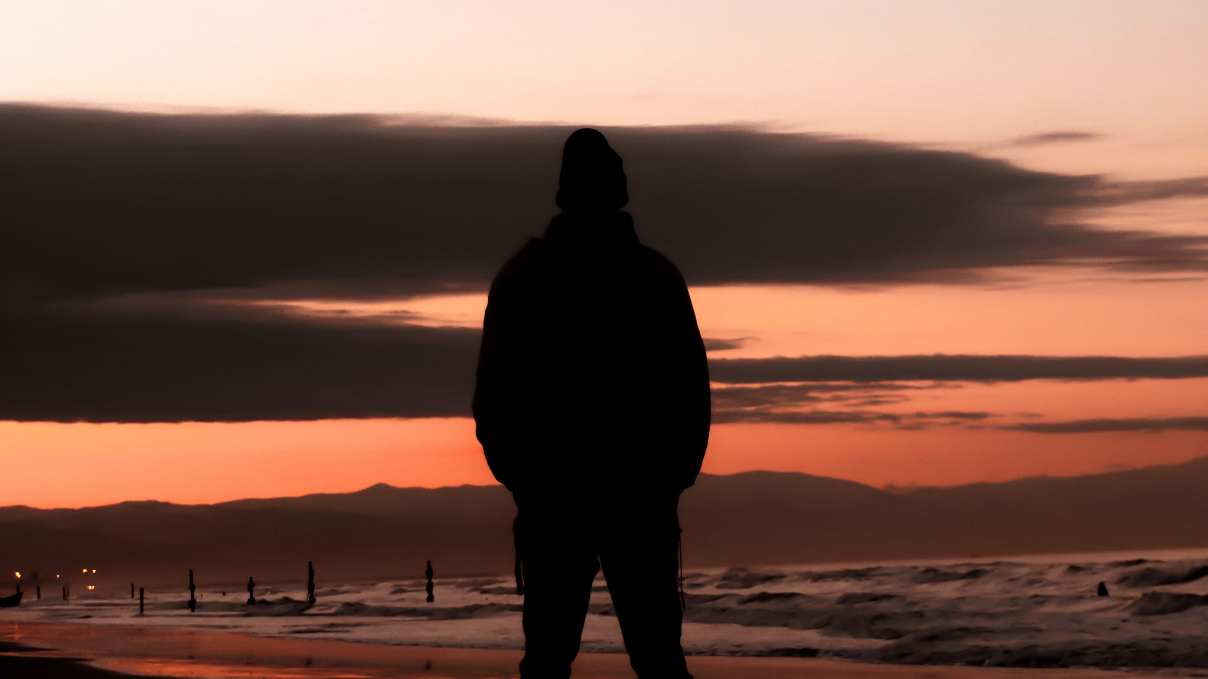 silhouette, sunset, horizon, waves, 4k, HD Wallpaper