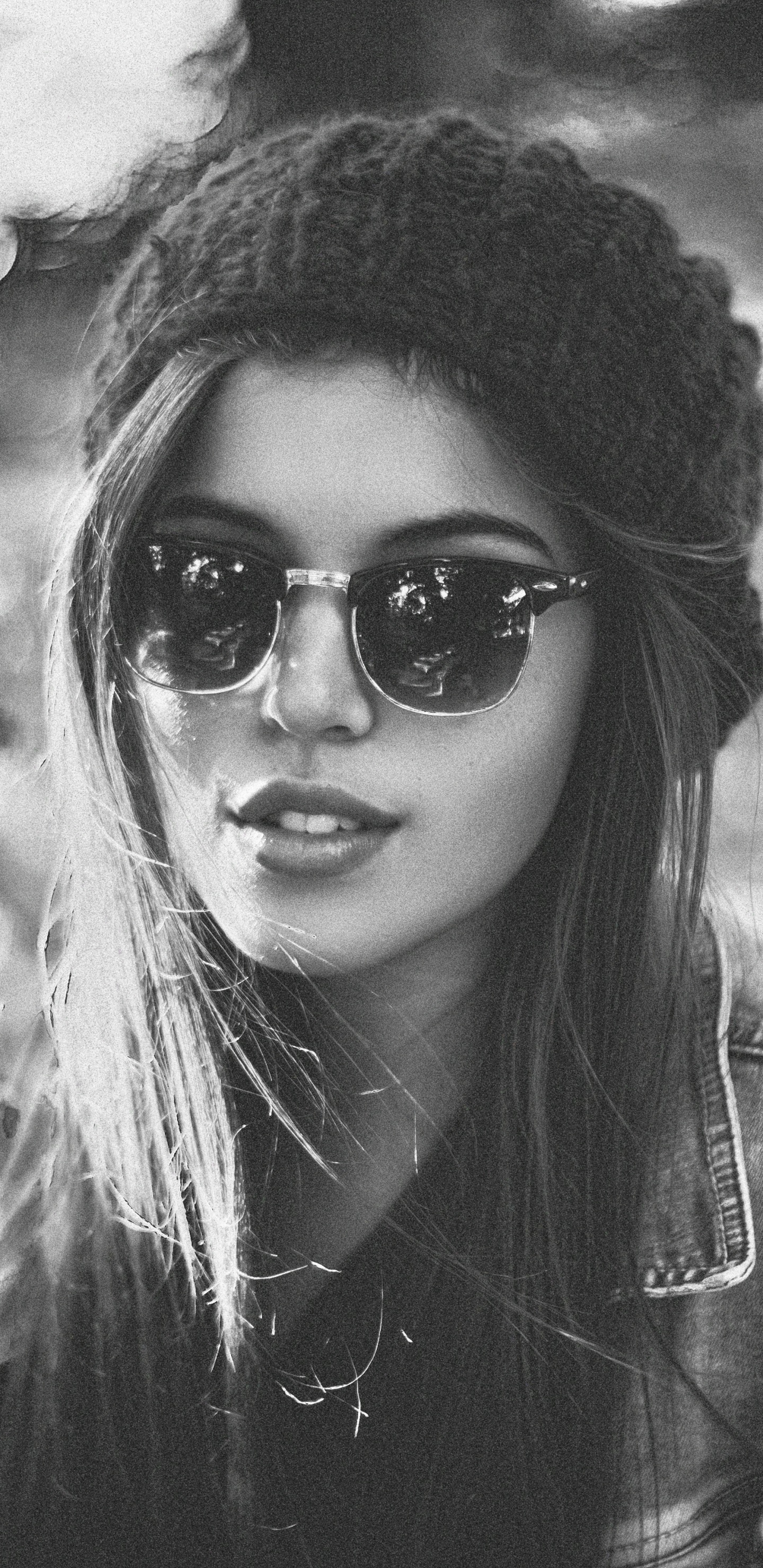 Women Model, Sunglasses, Hat, Black and White, 1440x2960, Phone HD Wallpaper