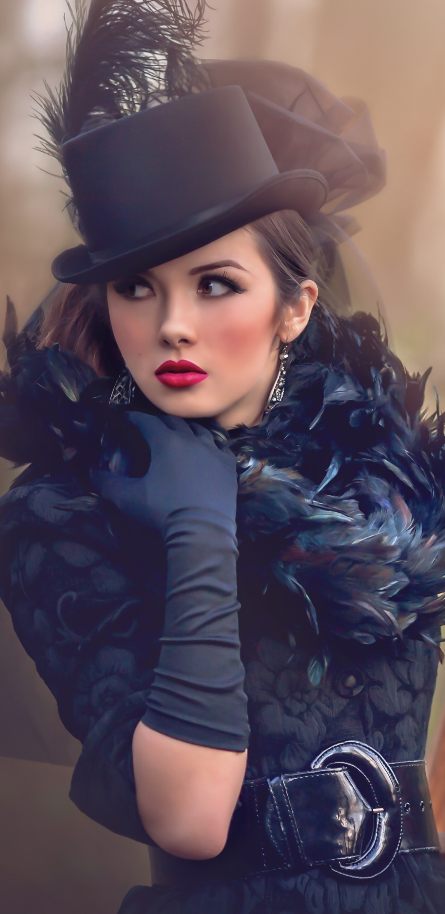 Women Model, Glove, Hat, Black Dress, Brown Eyes, Brunette, 1440x2960, Phone HD Wallpaper
