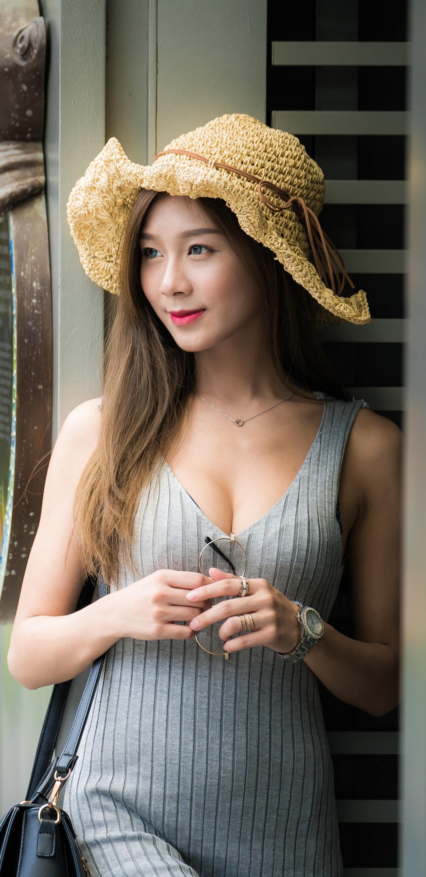 Women Model, Dress, Blue Eyes, Hat, Asian, Brunette, 1440x2960, Phone HD Wallpaper